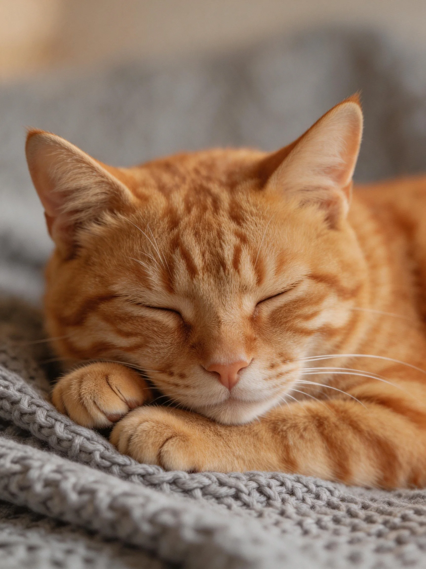 An orange tabby cat rests calmly on a gray blanket
