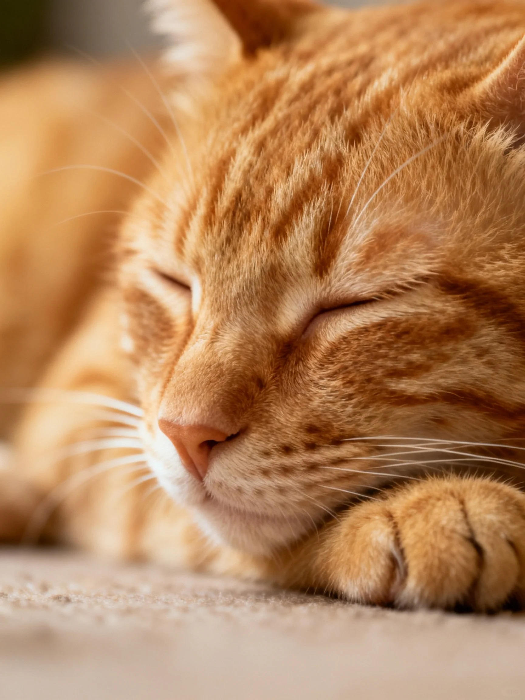 A serene orange tabby cat sleeps soundly with closed eyes
