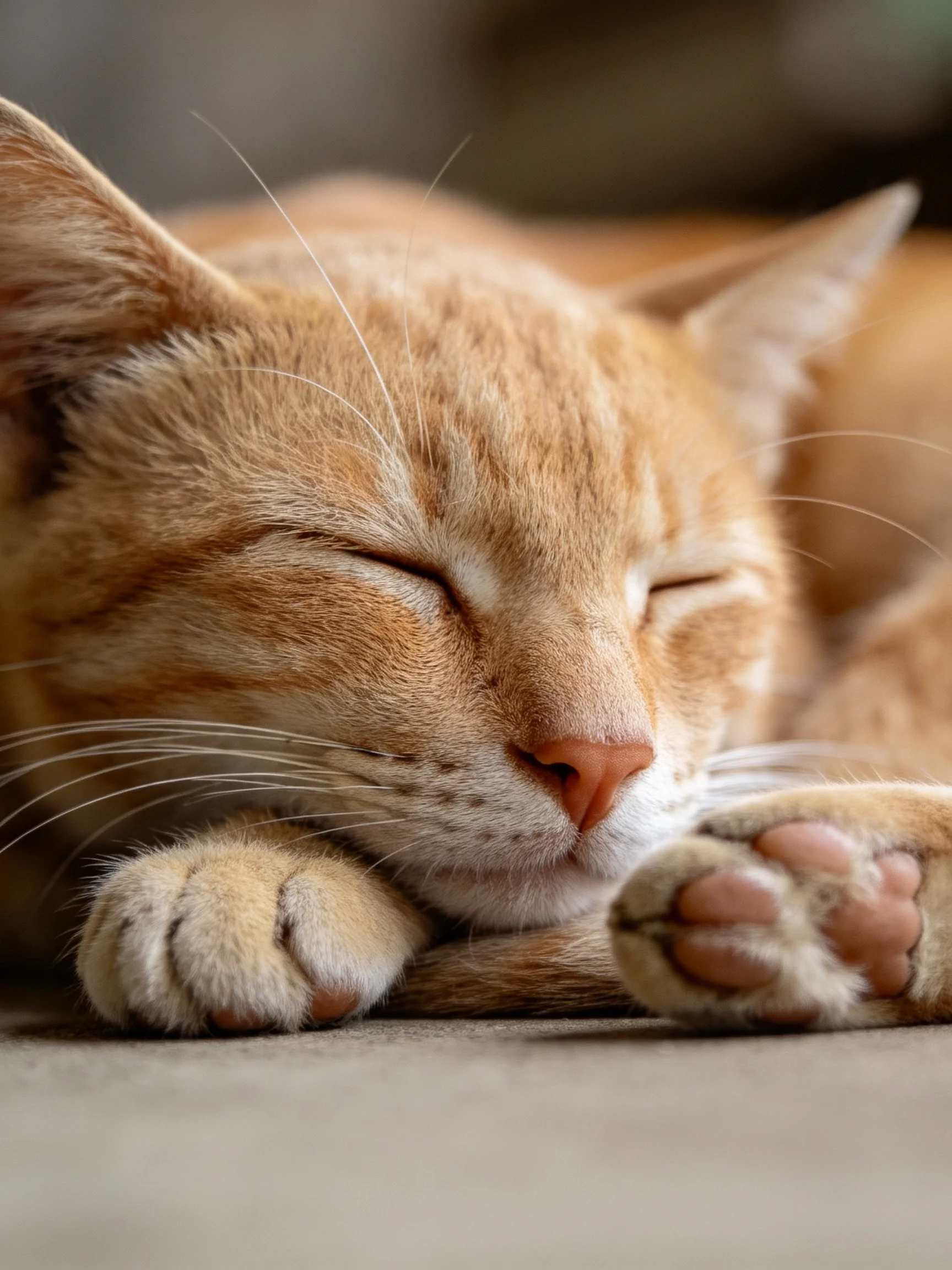 An orange tabby cat rests peacefully with closed eyes