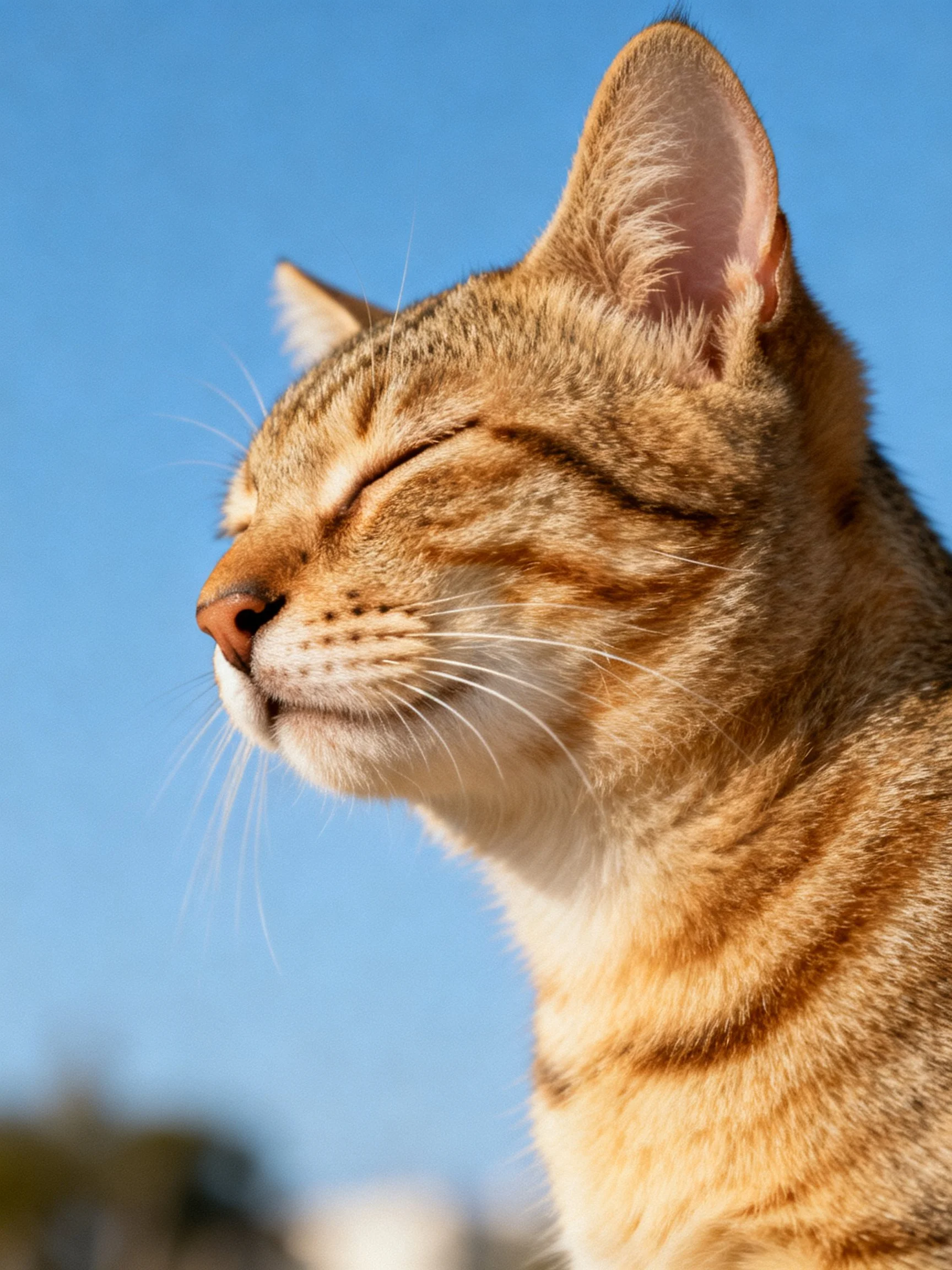 A serene orange tabby cat with closed eyes relaxes beneath a clear blue sky.
