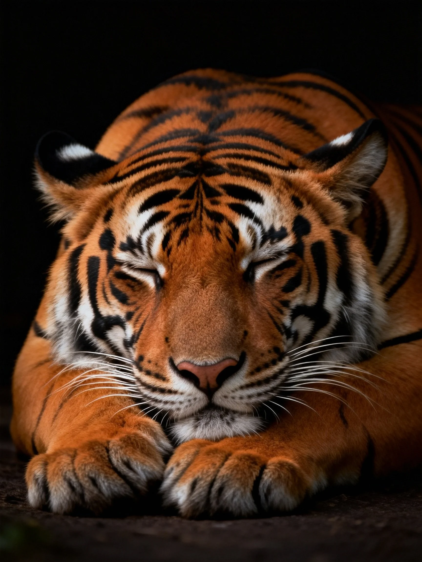 A serene orange tiger rests with closed eyes