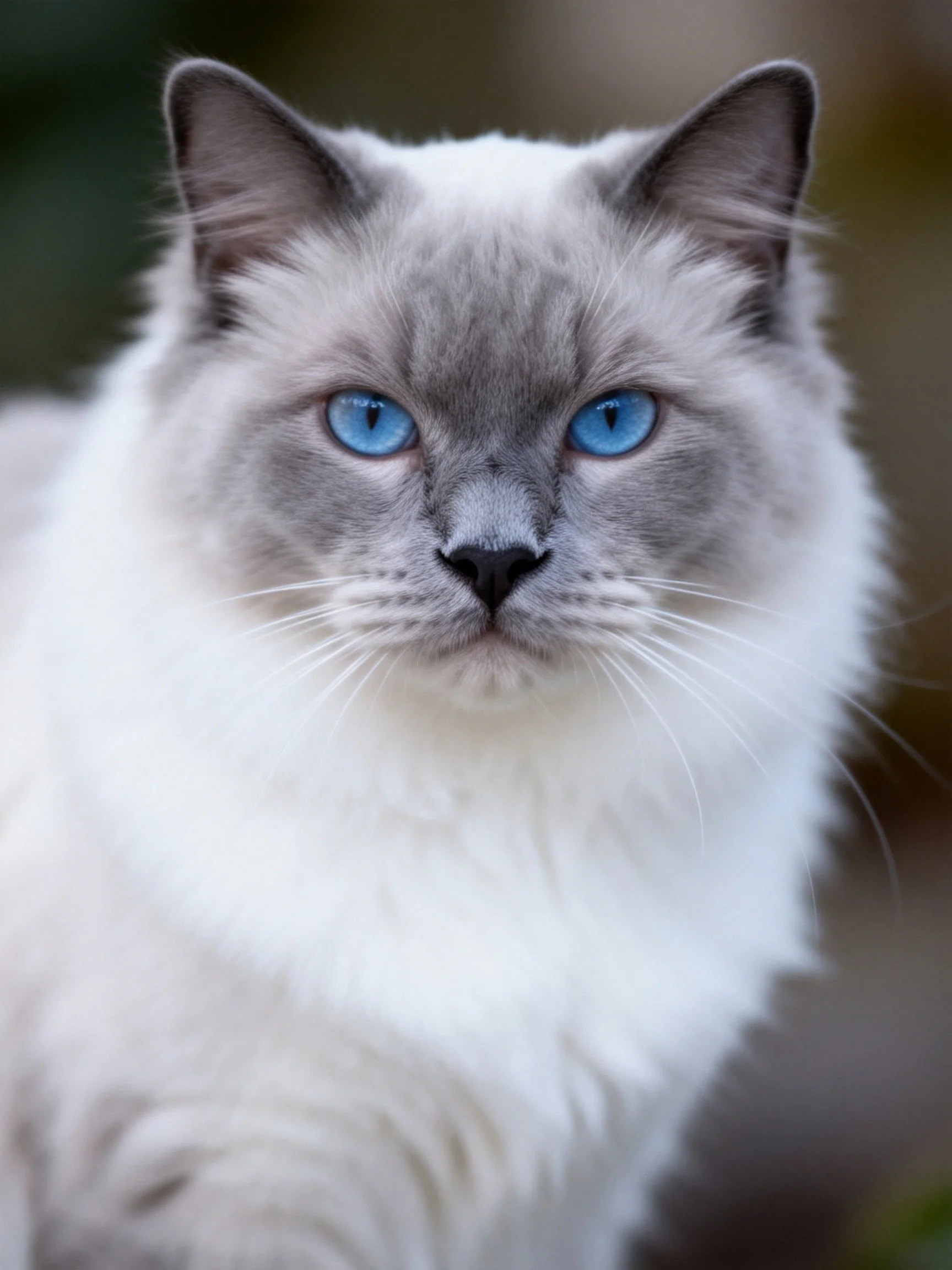 A serene ragdoll cat with blue eyes and soft gray-white fur