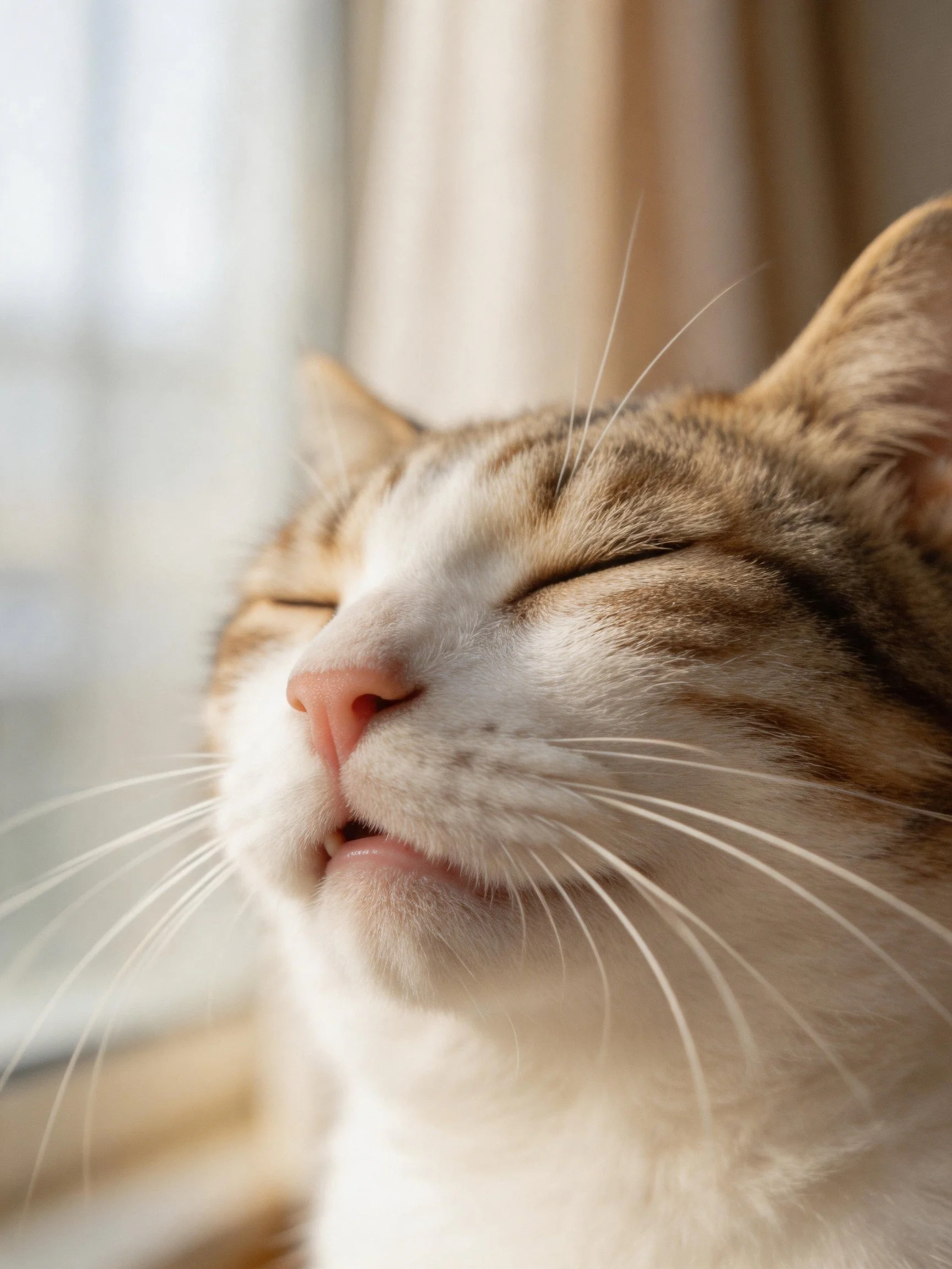 A tabby cat rests peacefully with eyes closed by a bright window.
