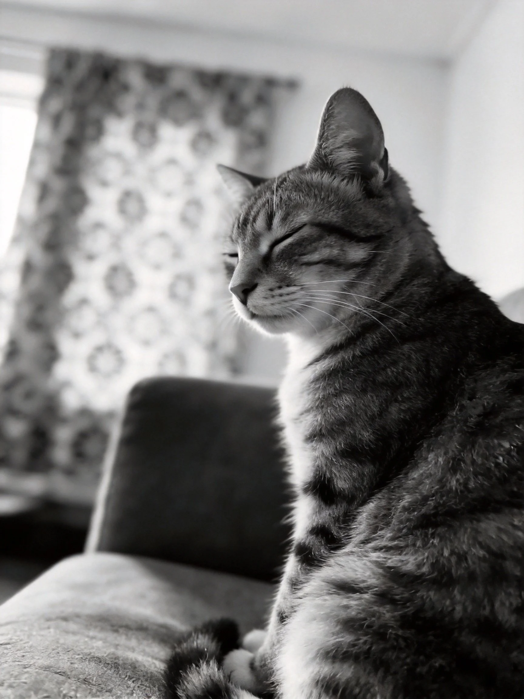 A serene tabby cat resting on a couch in a monochrome room