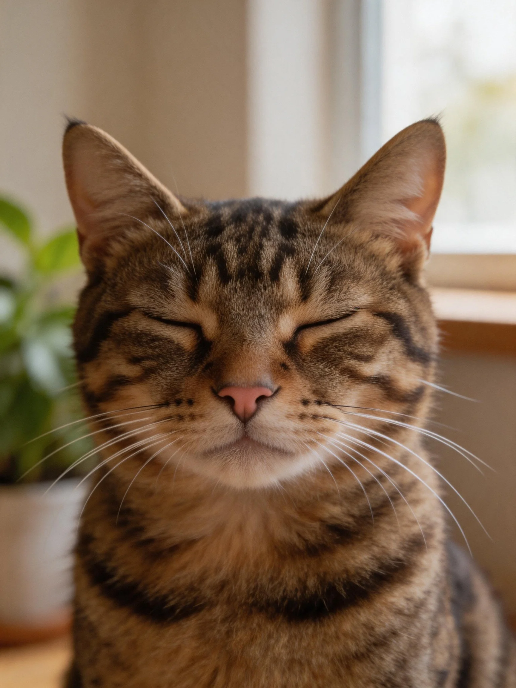 A serene tabby cat with closed eyes near a window