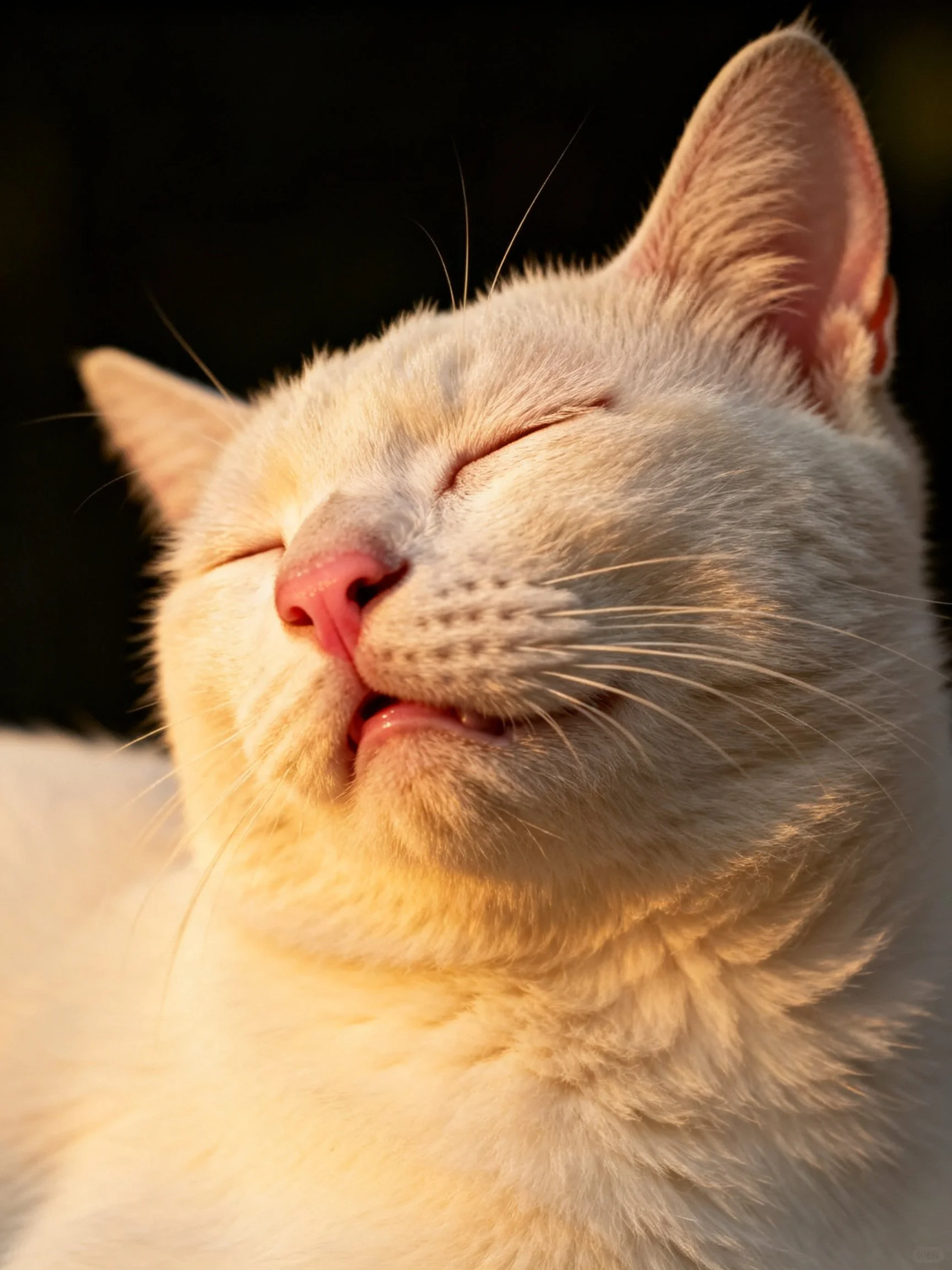 A serene white cat basking in warm golden light