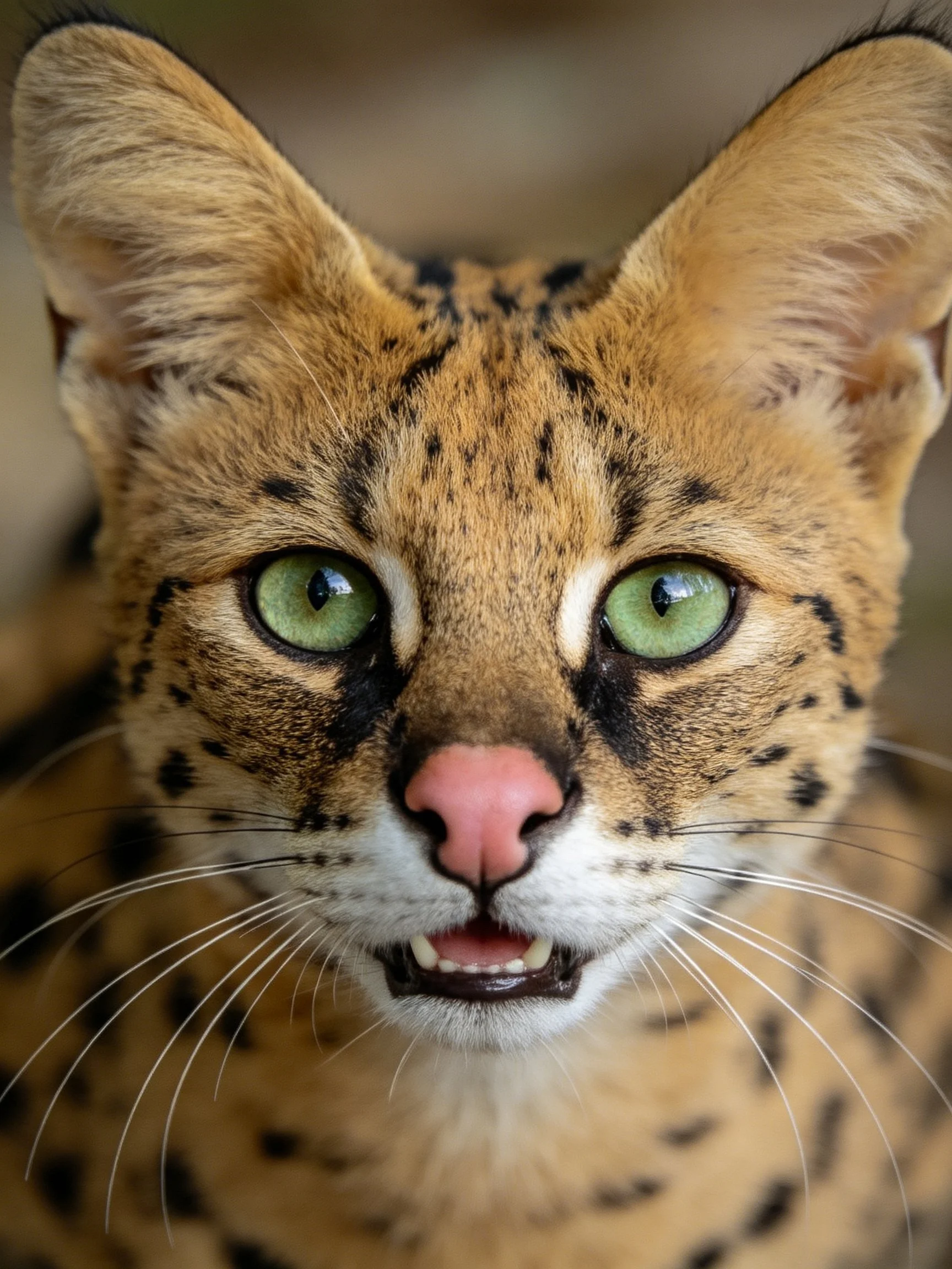 A serval cat with large ears and green eyes in close-up