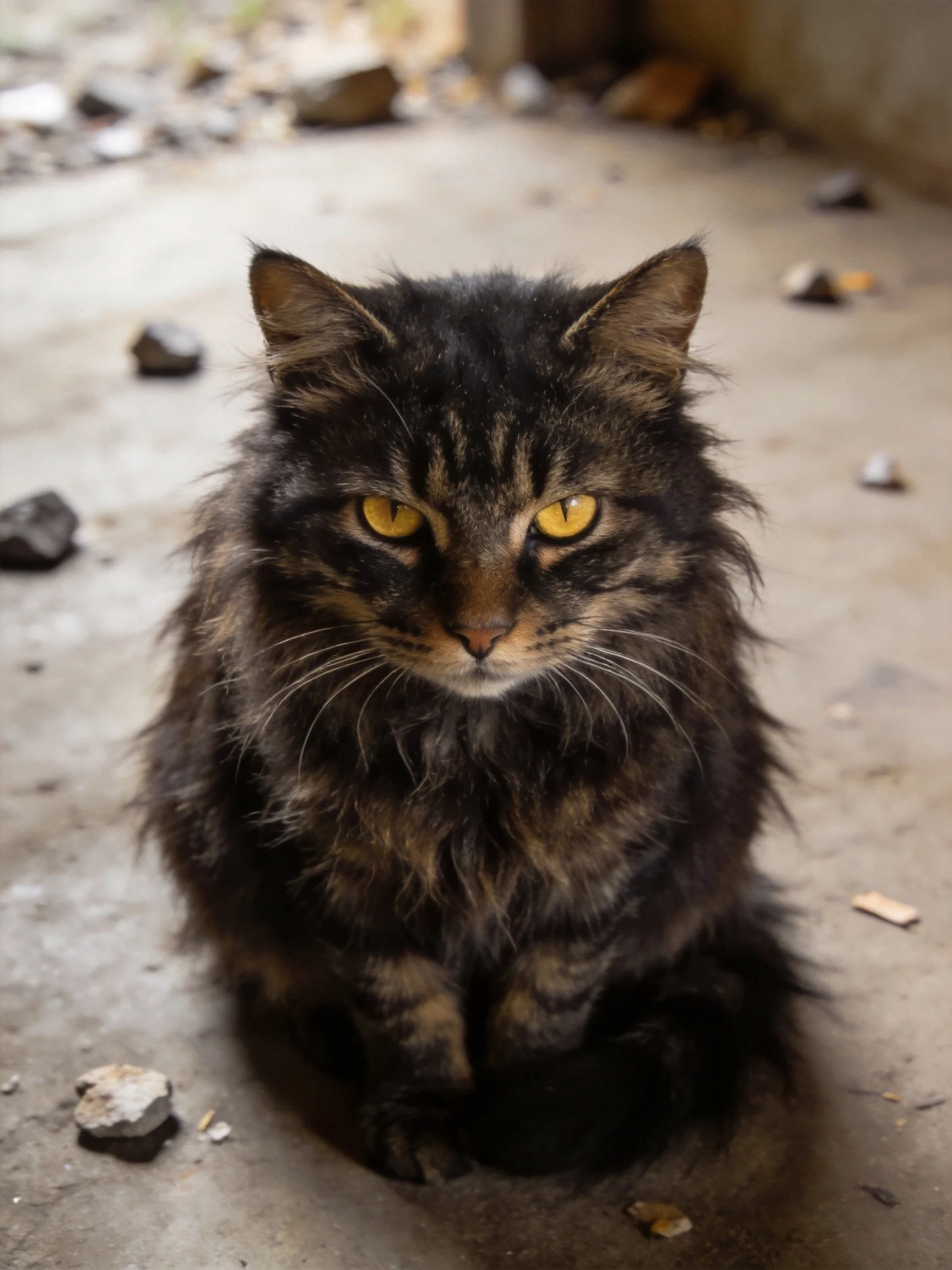 A shaggy black - brown tabby cat sits amid scattered rocks on a concrete surface.
