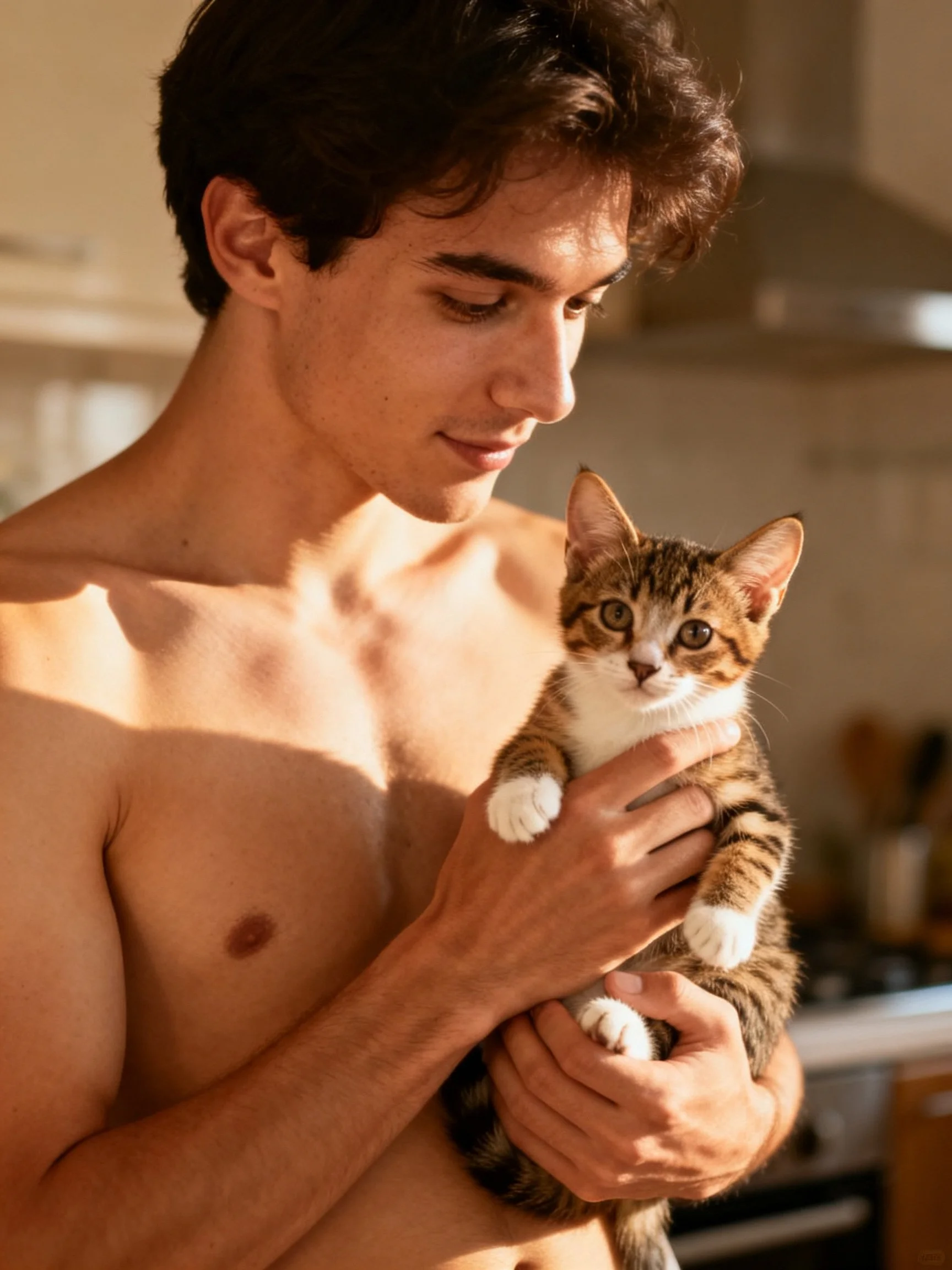 A shirtless man cradles a brown and white tabby kitten in a sunlit kitchen