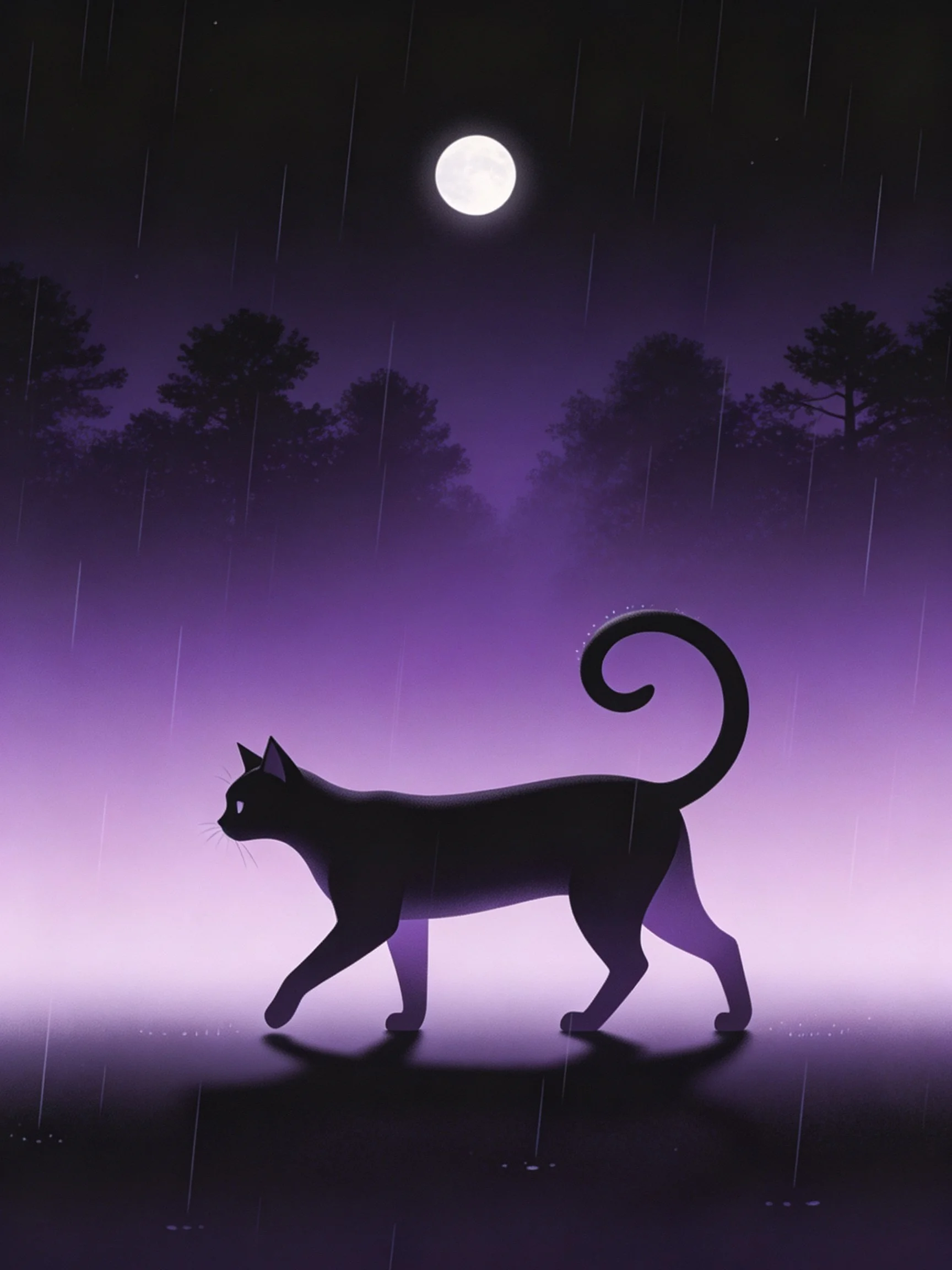 A silhouetted black cat walks under a glowing full moon in a rainy purple night