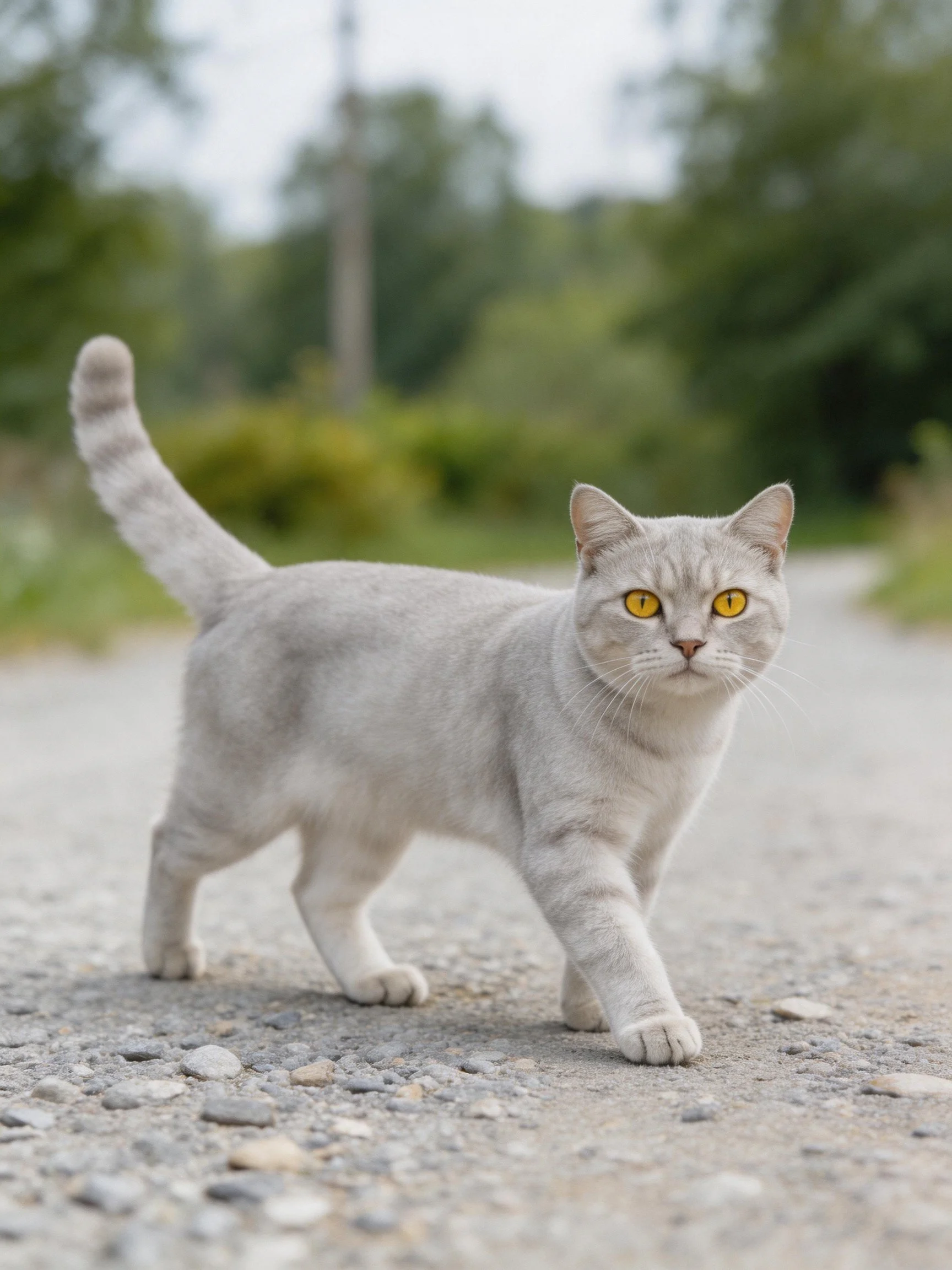 A silver-gray cat with bright yellow eyes walks on a gravel path