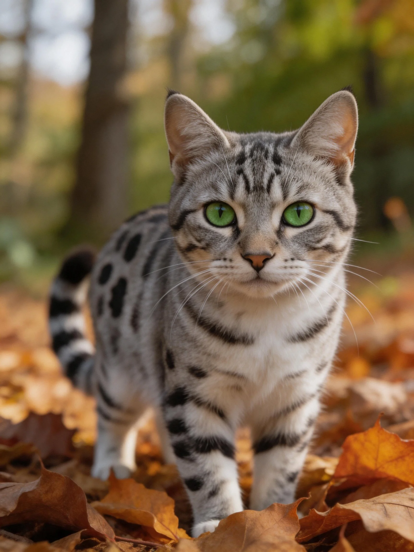 A silver-spotted cat with green eyes is among autumn leaves.