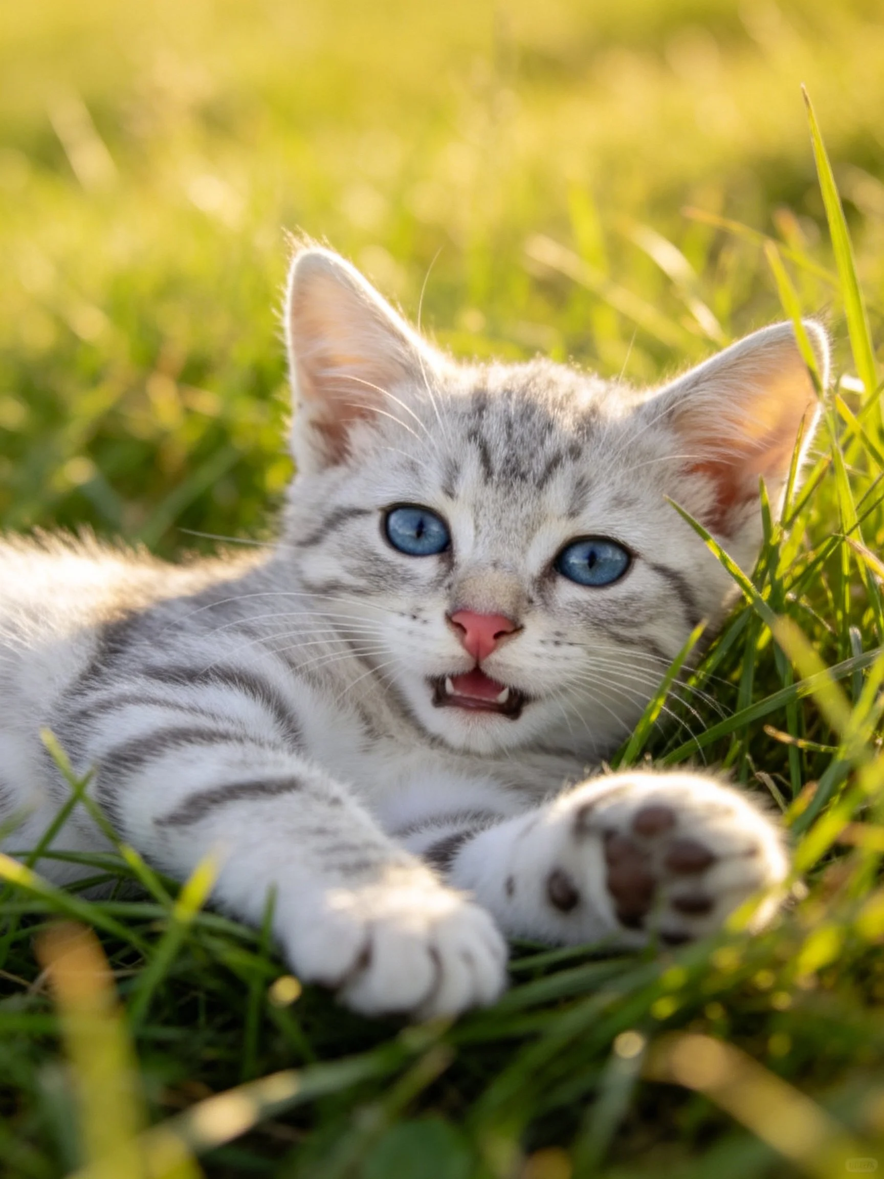 A silver-striped kitten with bright blue eyes lies in lush green grass