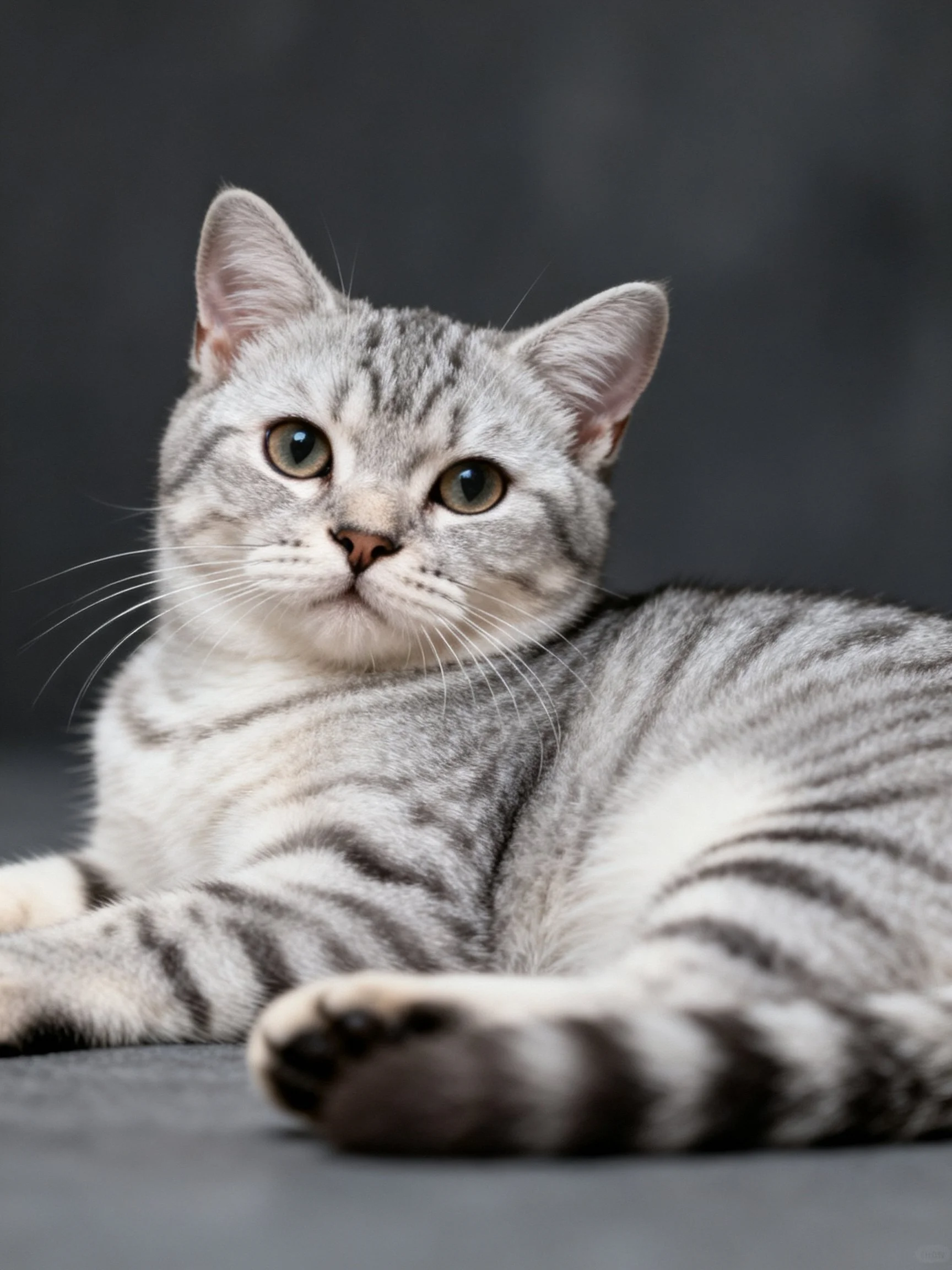 A silver tabby cat resting on a dark surface