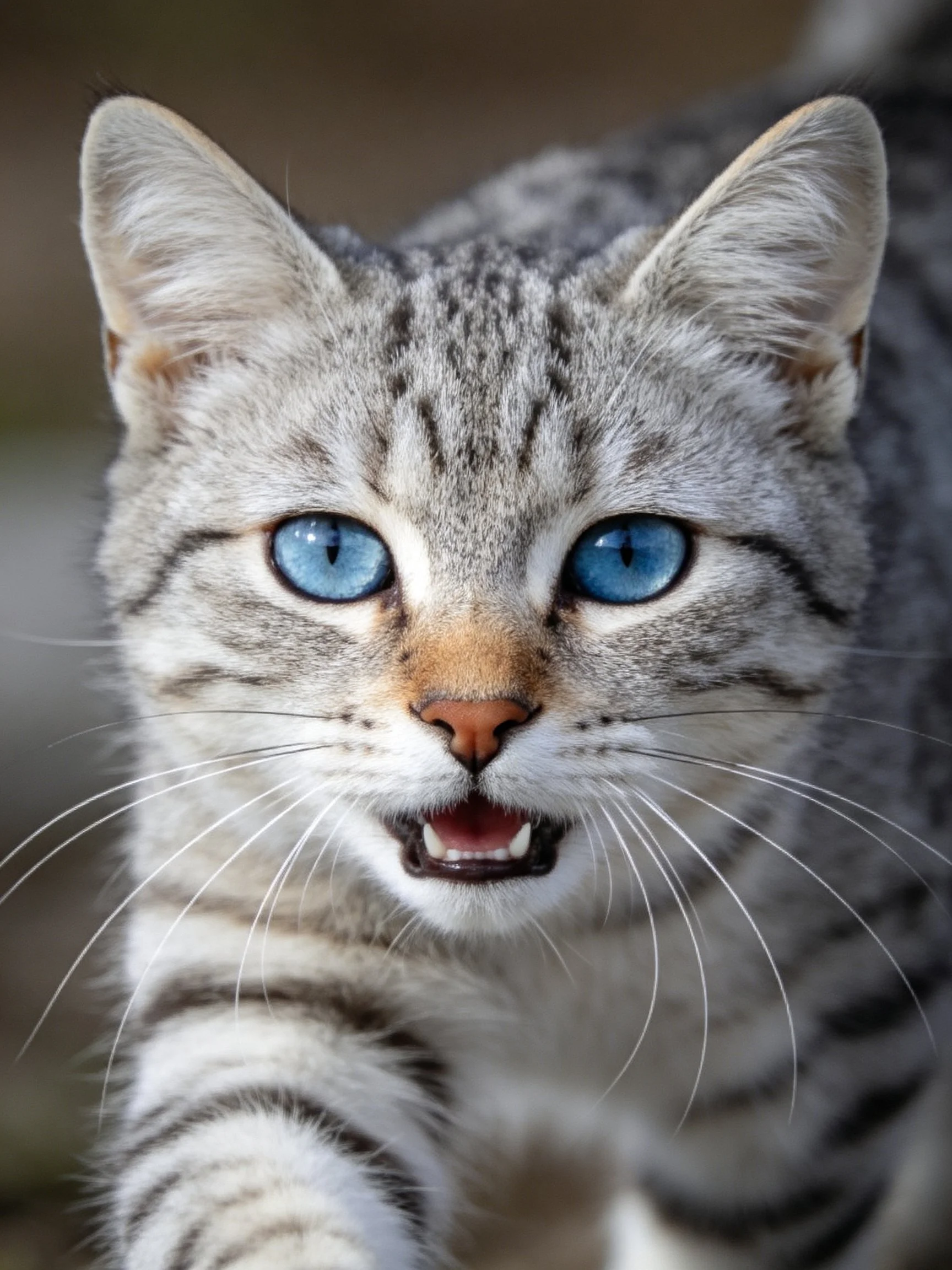 A silver tabby cat with bright blue eyes and striped fur