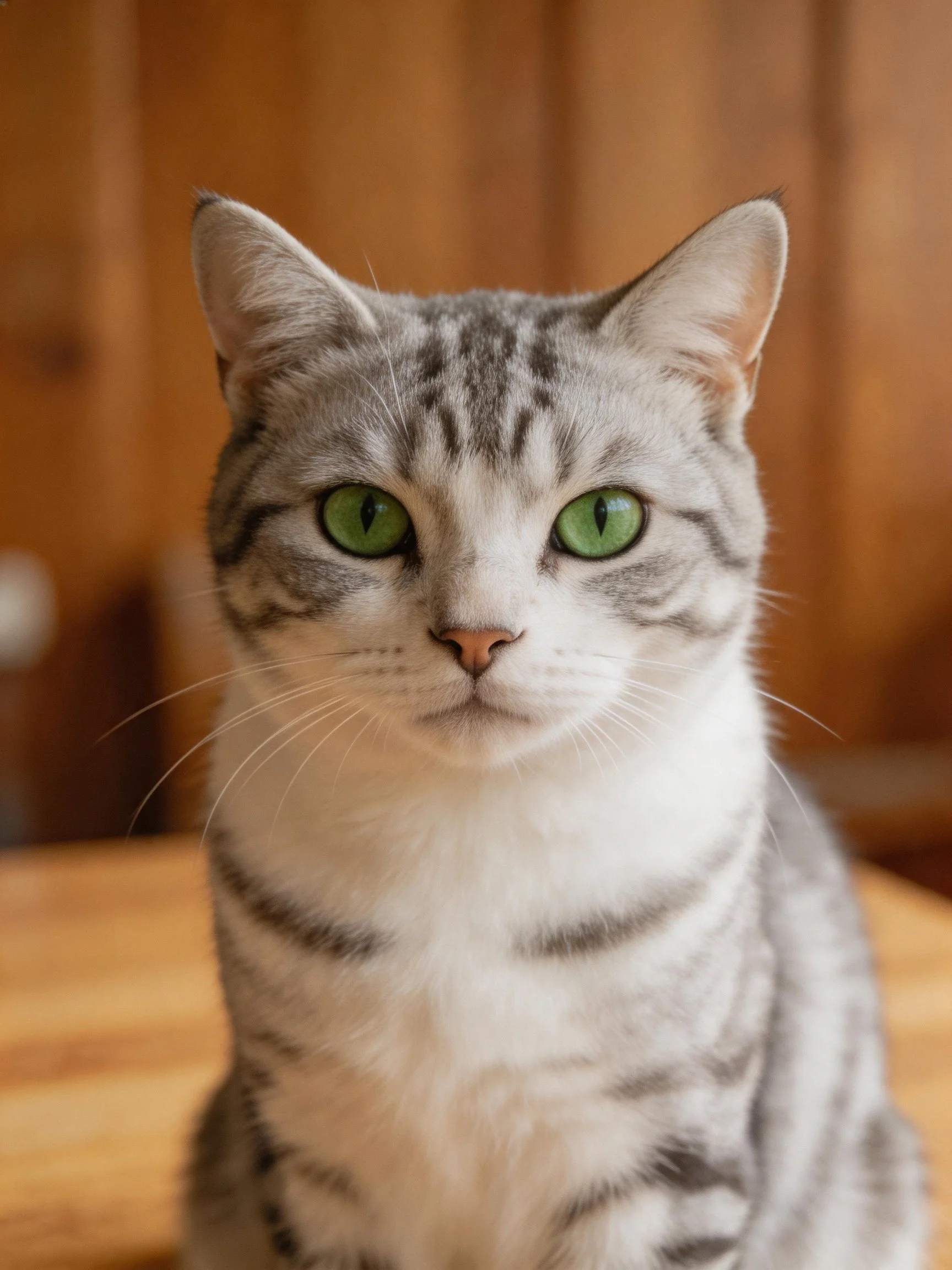 A silver tabby cat with bright green eyes sits near wooden panels