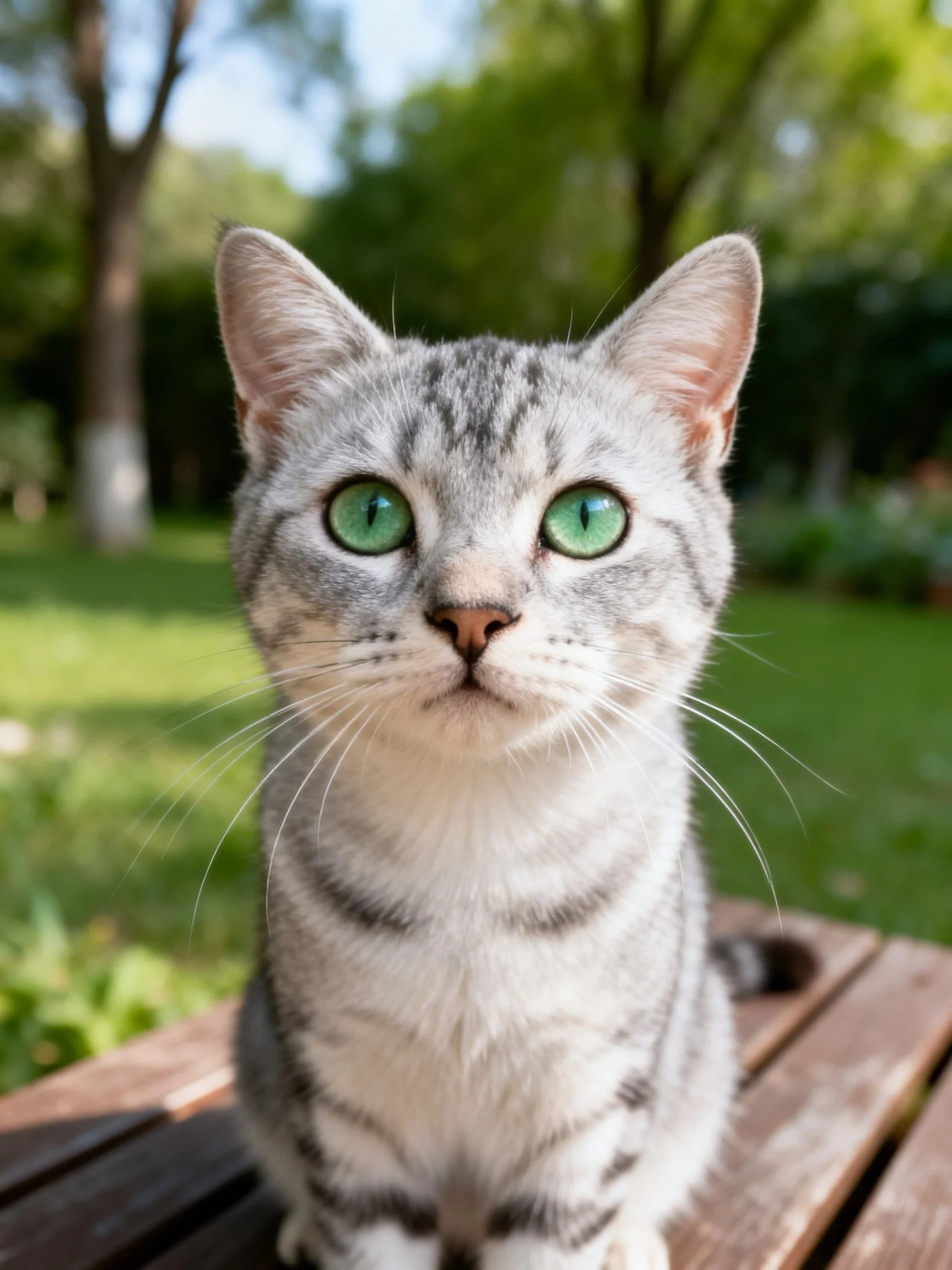 A silver tabby cat with bright green eyes sits on a wooden bench