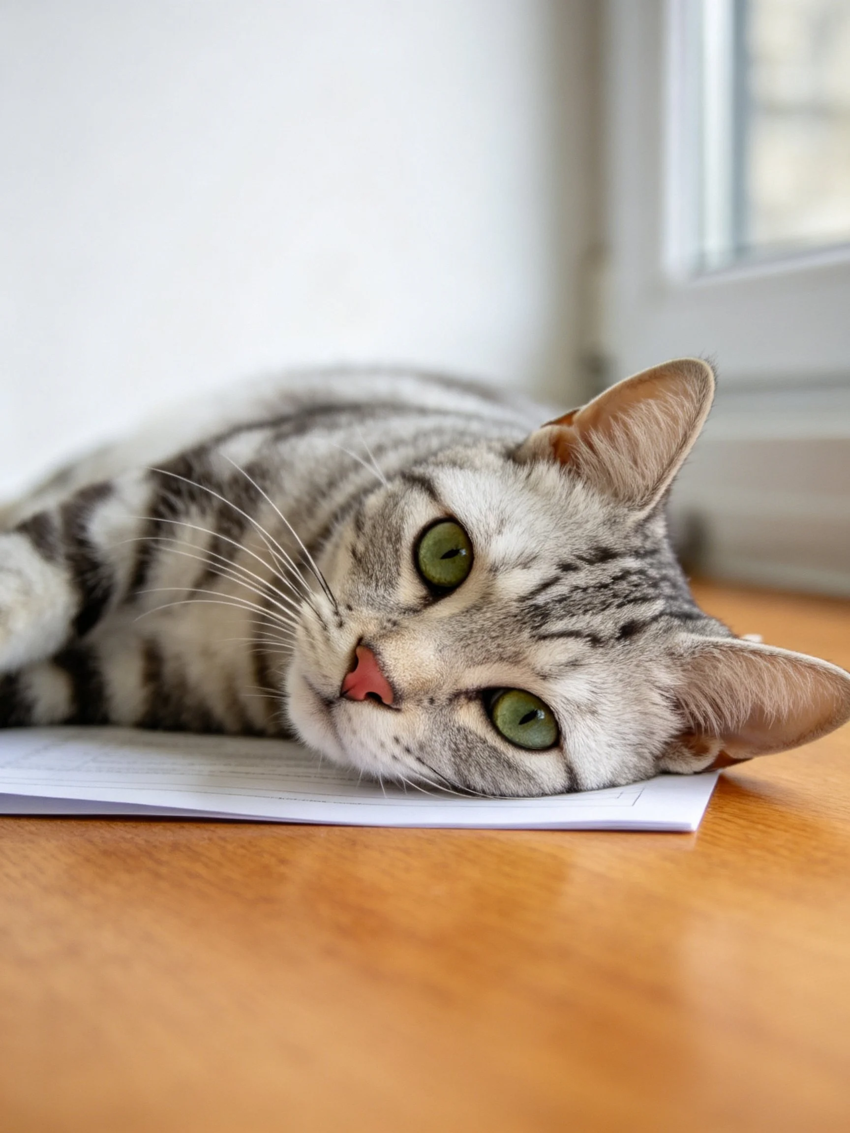 A silver tabby cat with green eyes lies on paper by a window