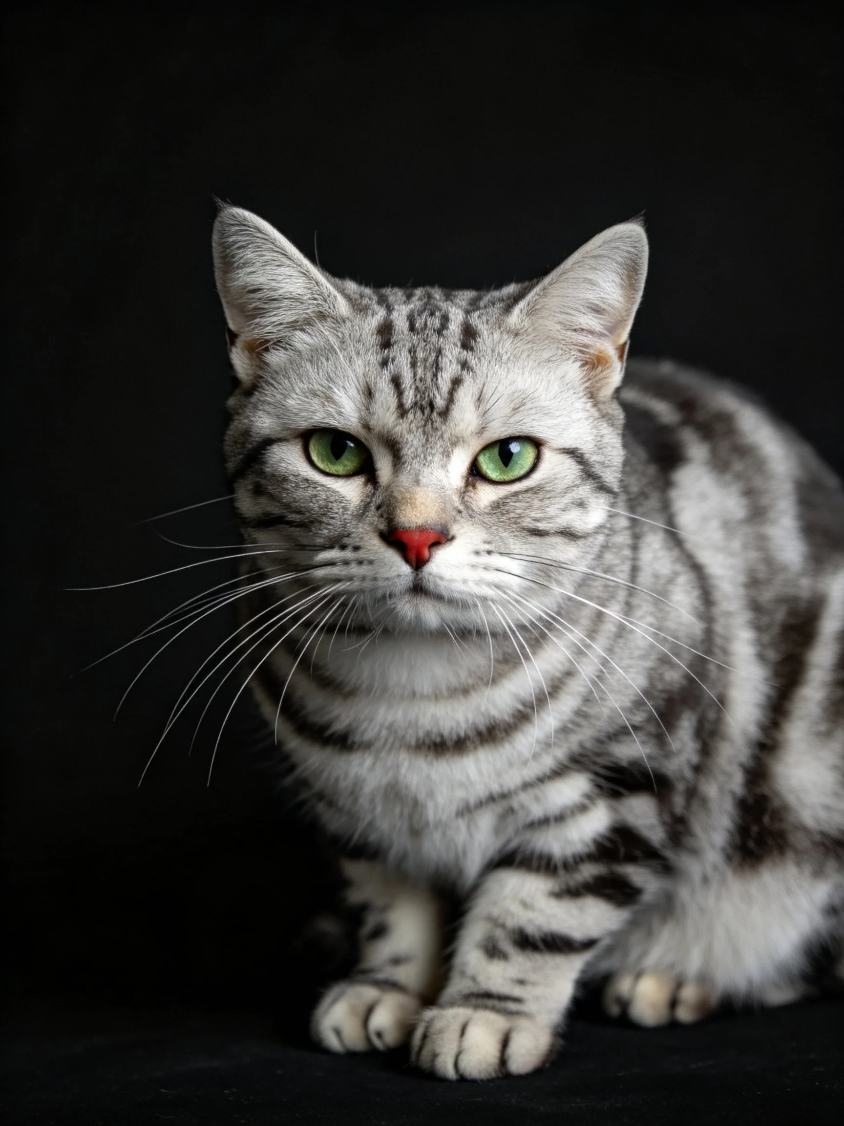 A silver tabby cat with green eyes poses against a dark backdrop