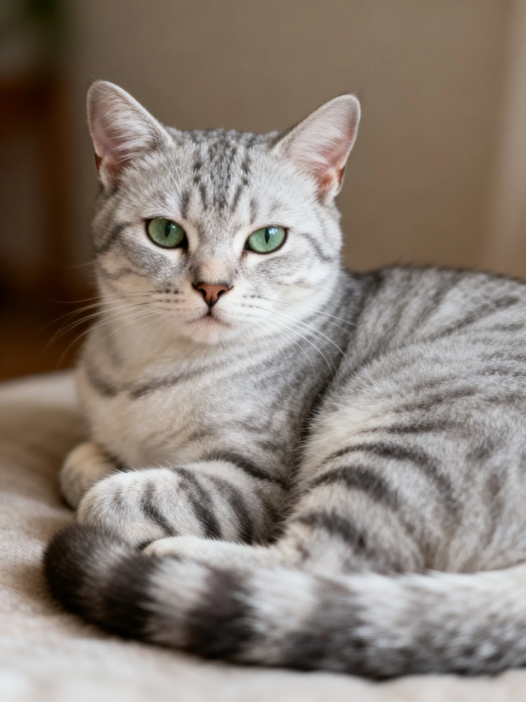 A silver tabby cat with green eyes resting on a soft fabric