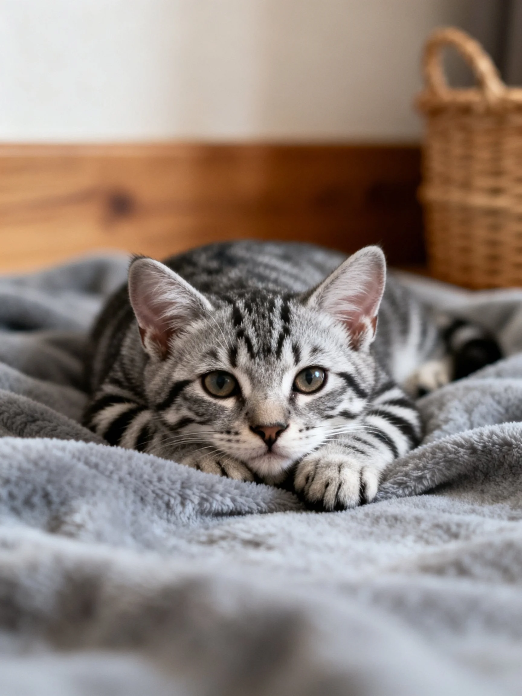 A silver tabby kitten rests on a plush gray blanket near a wicker basket