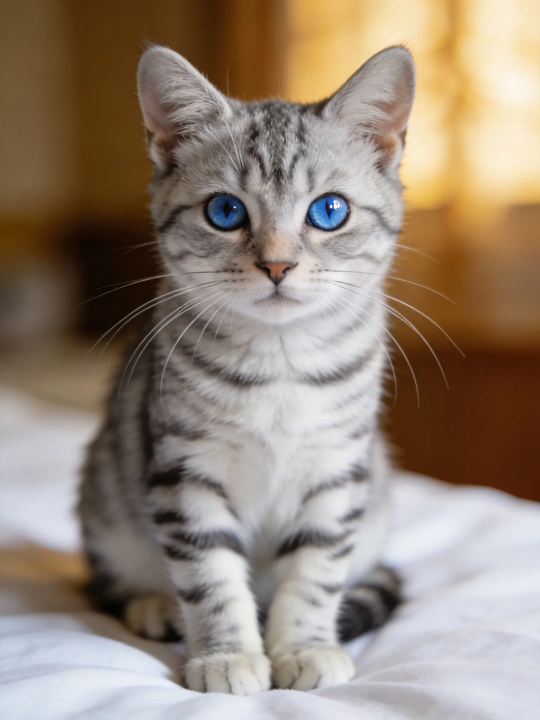 A silver tabby kitten with bright blue eyes sits on white fabric