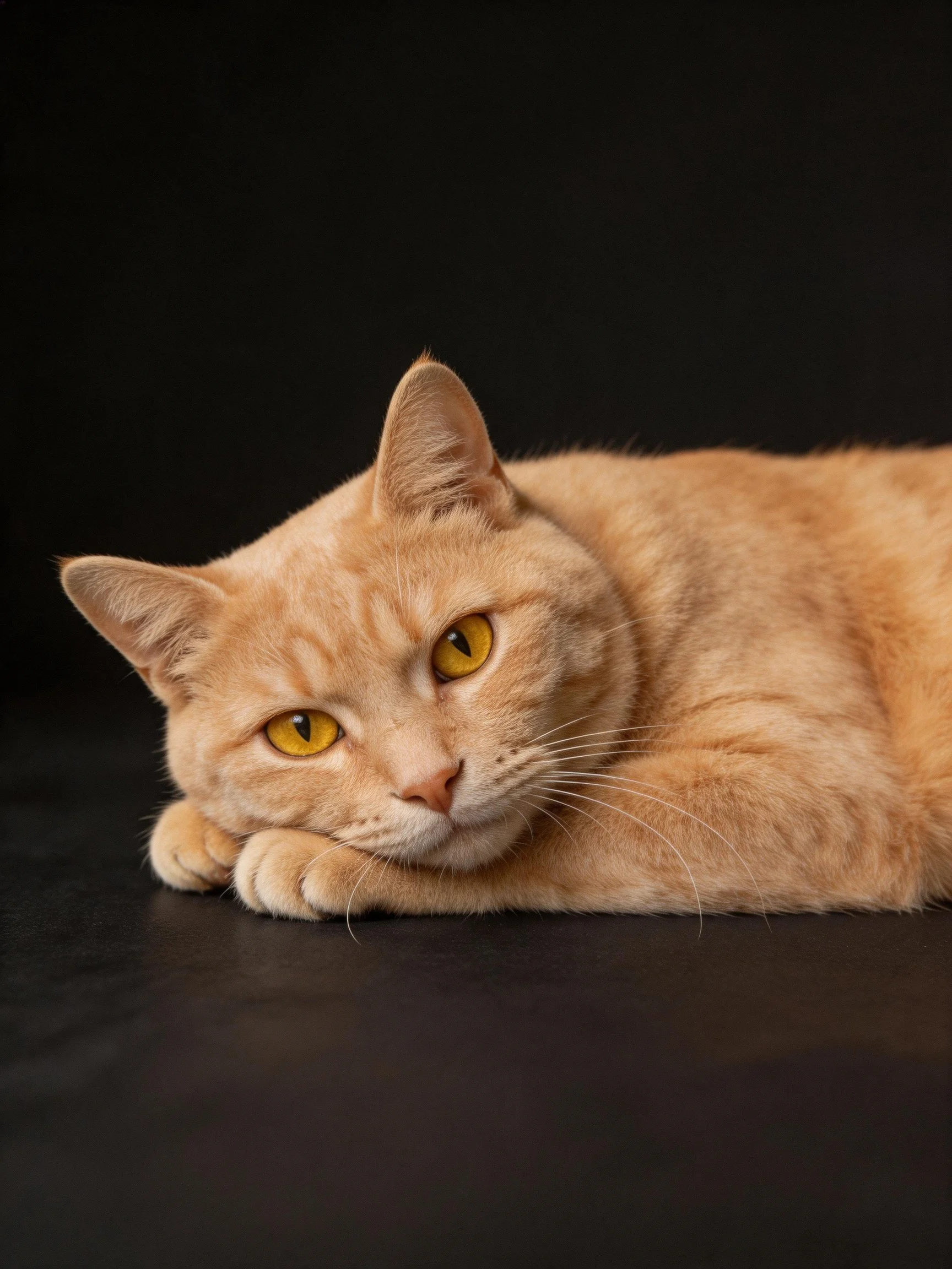 A single orange cat rests against a solid black backdrop