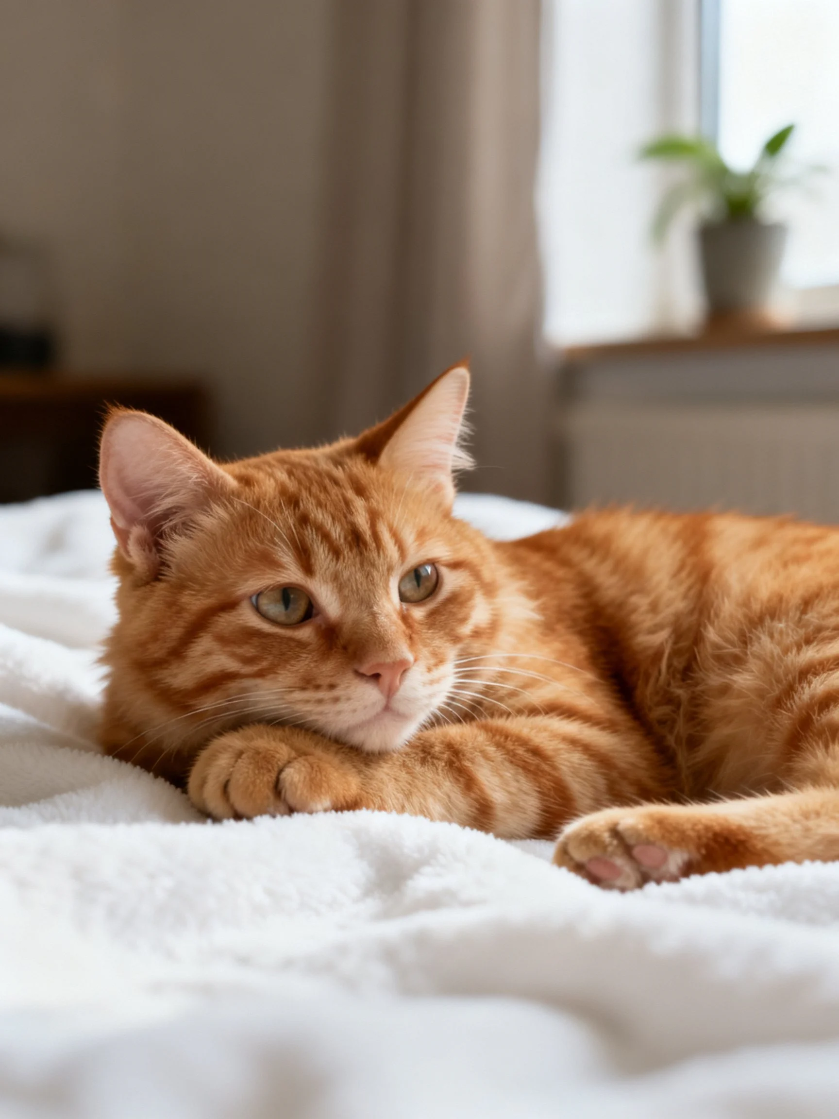 A single orange tabby cat lounges on a white bedspread near a window