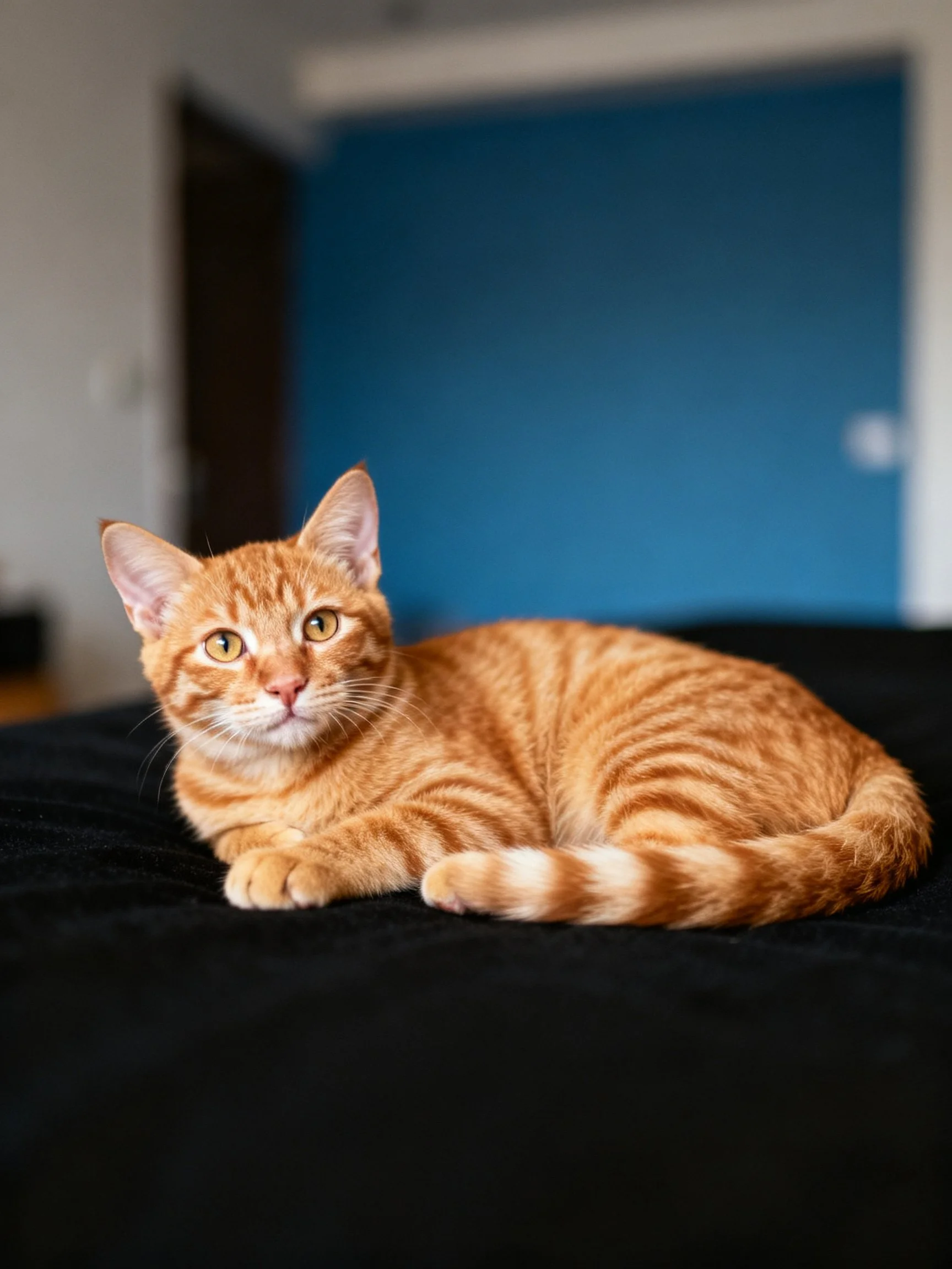 A single orange tabby cat resting on a black surface near a blue wall