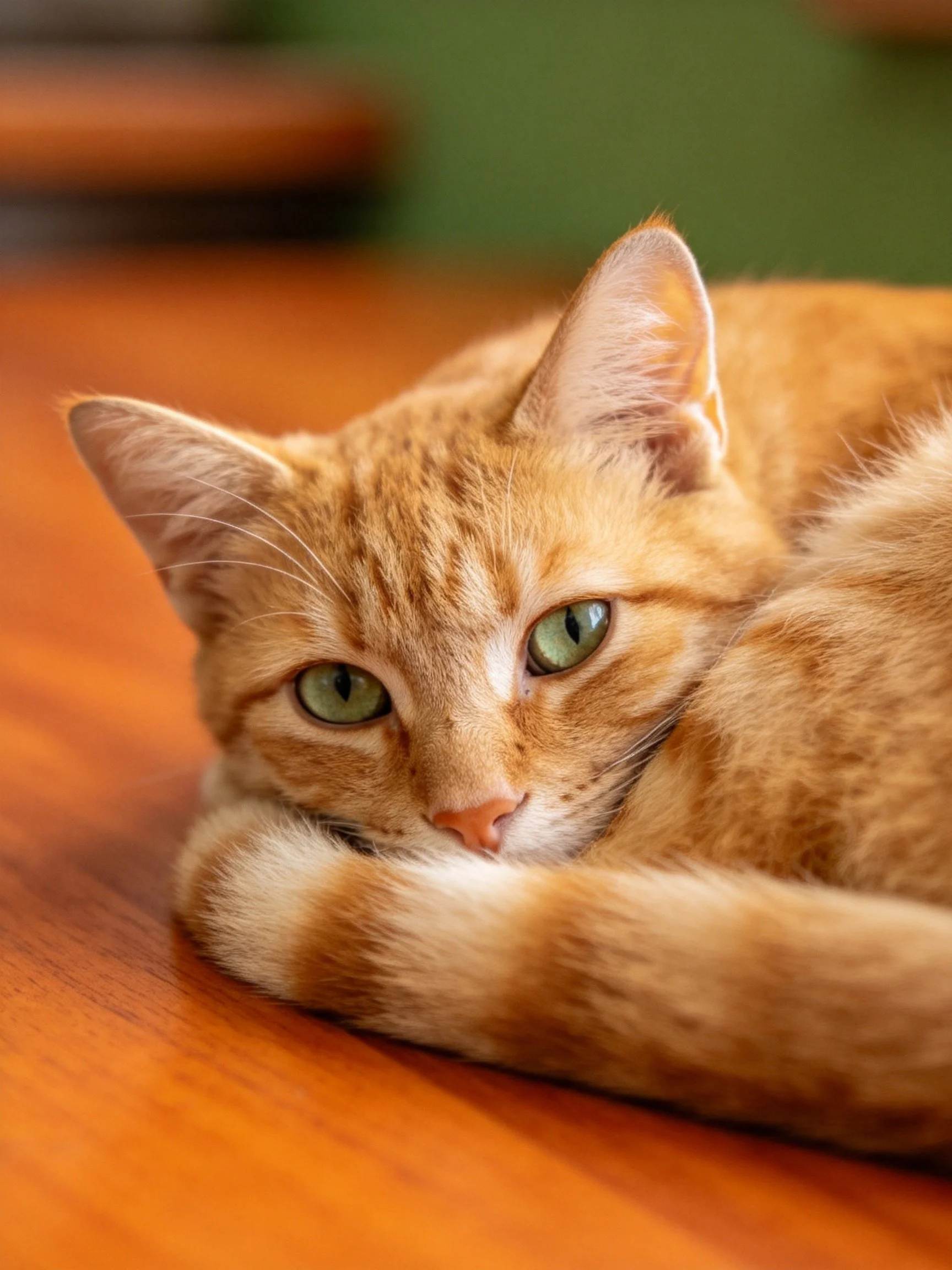 A single orange tabby cat resting on a polished wooden surface
