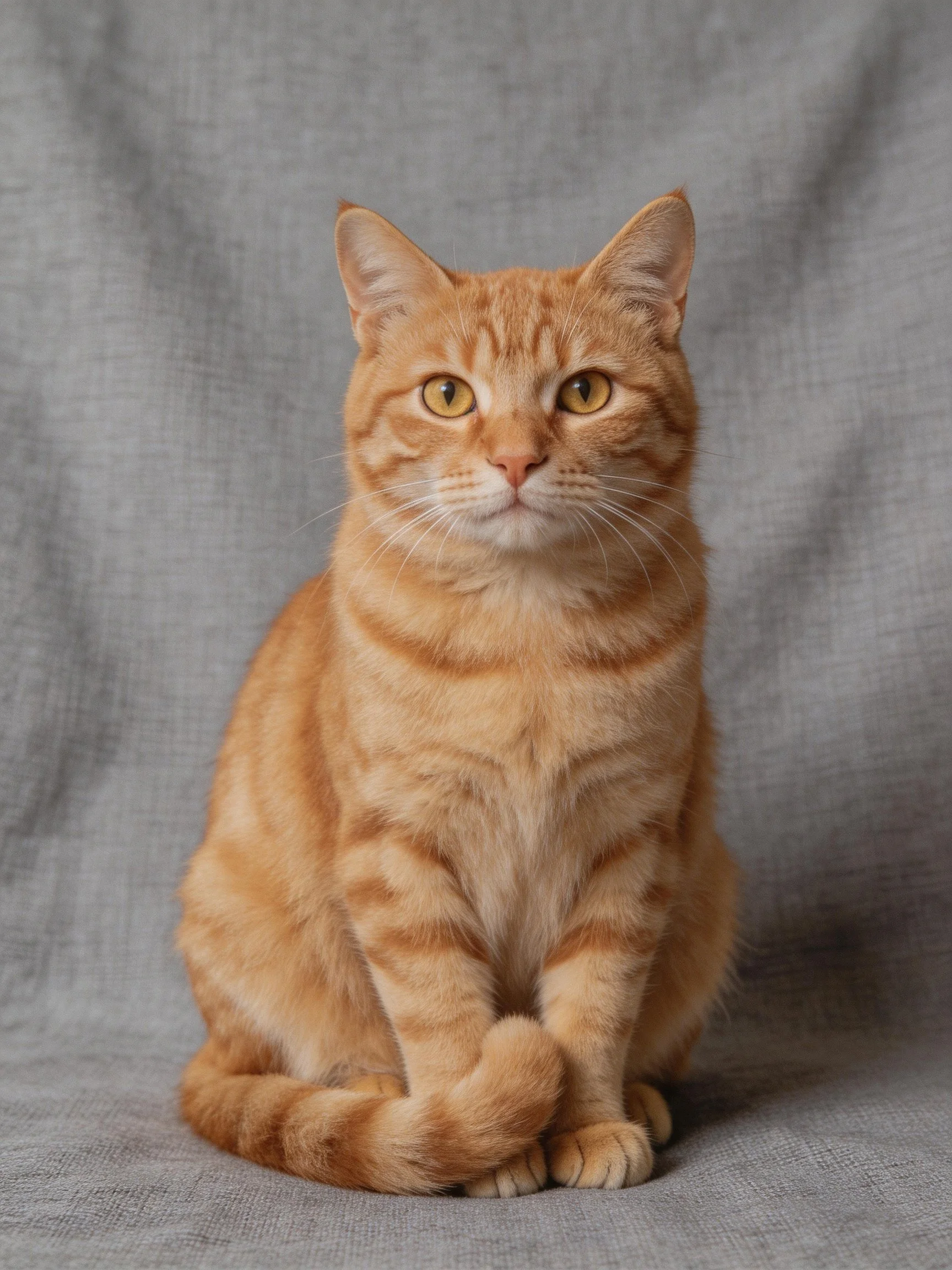 An orange tabby cat sits calmly on a gray fabric surface.