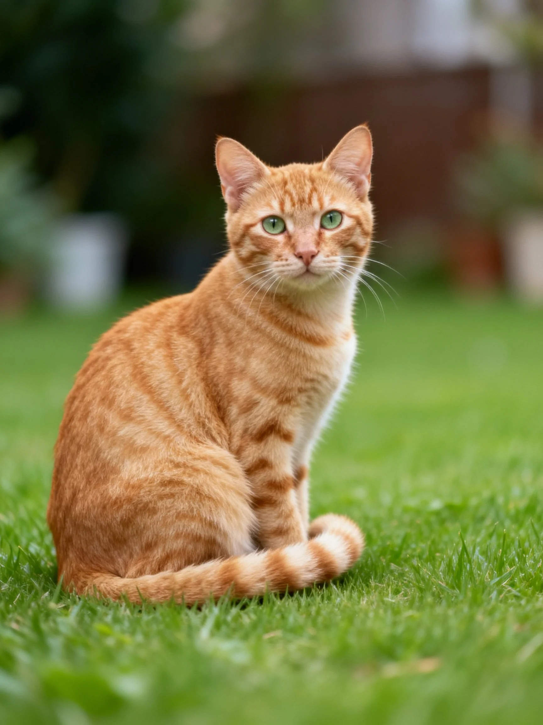 A single orange tabby cat sits calmly on green grass in an outdoor setting.