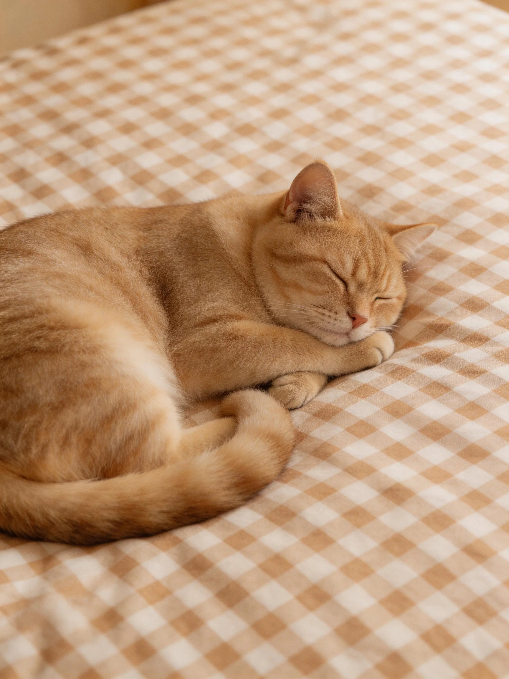 An orange tabby cat sleeps on a checkered bedspread.