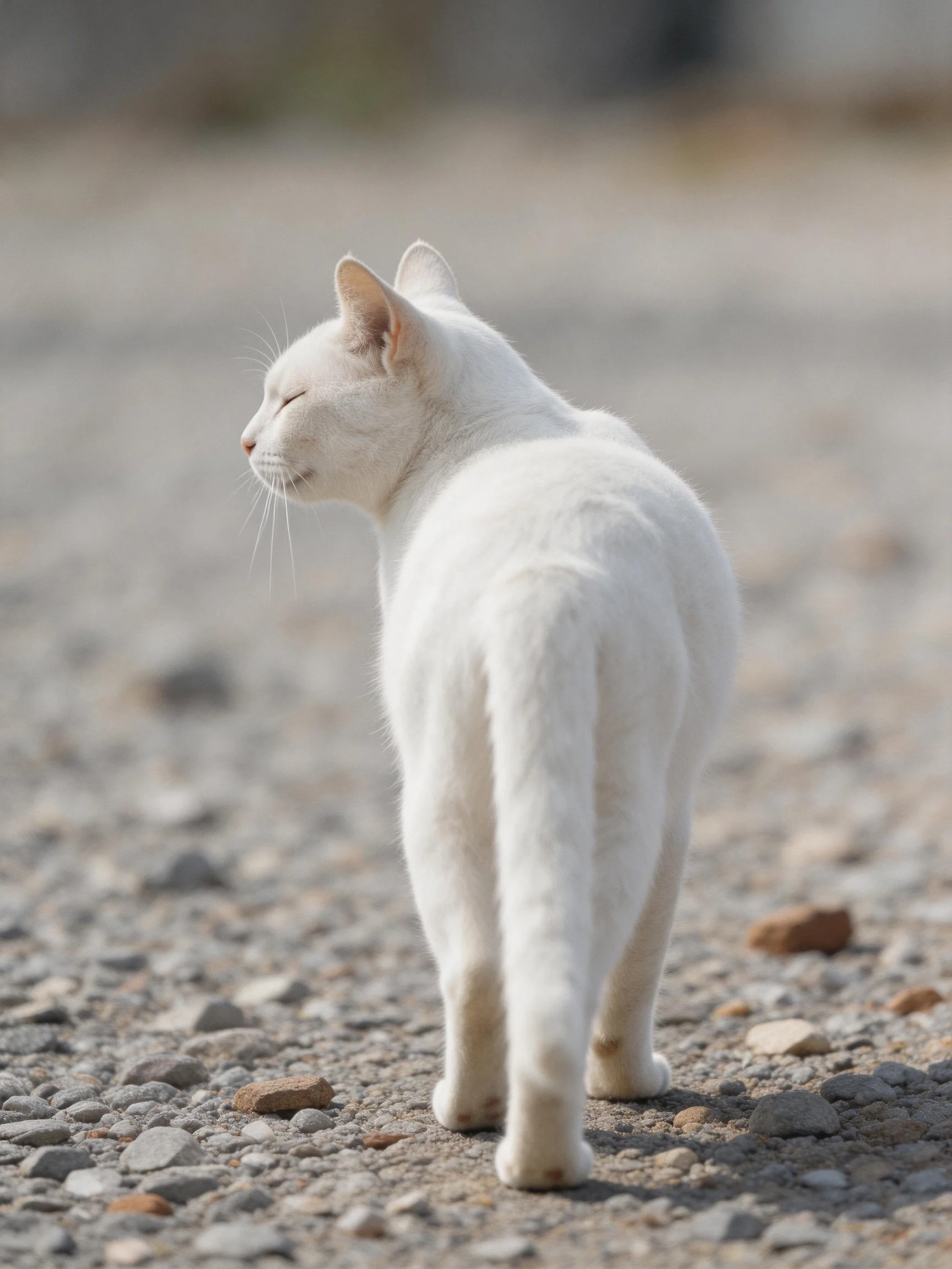 A single white cat stands on a gravel path outdoors