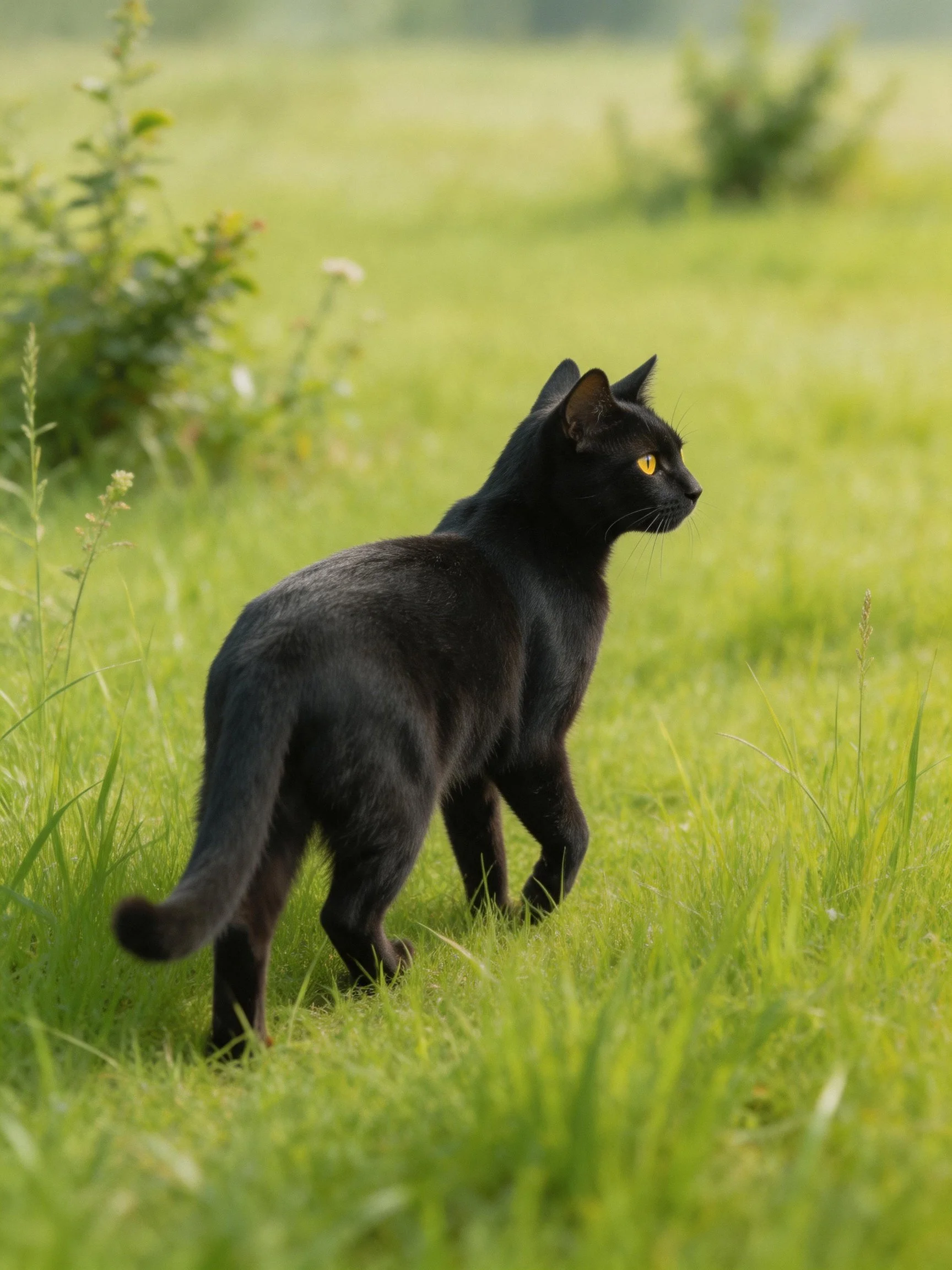 A sleek black cat explores a lush green meadow