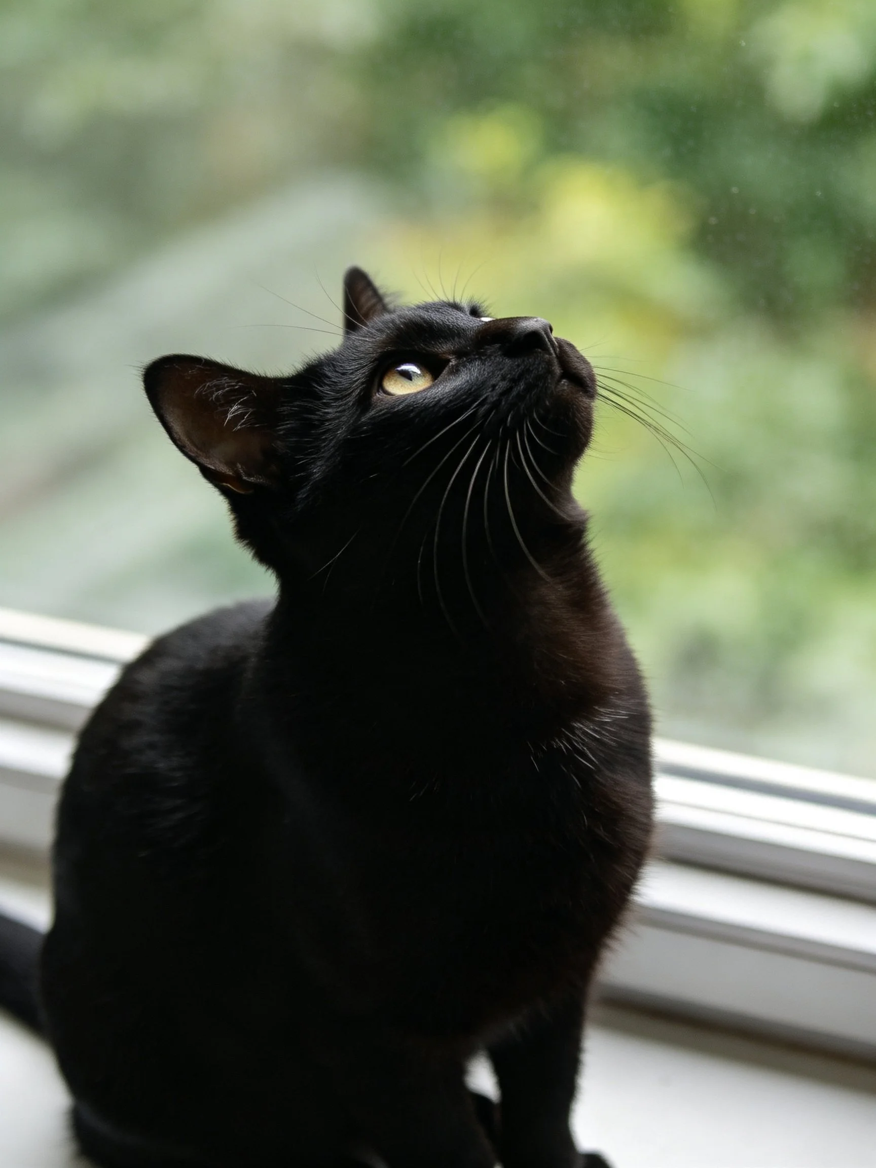 A sleek black cat gazes upward near a bright window