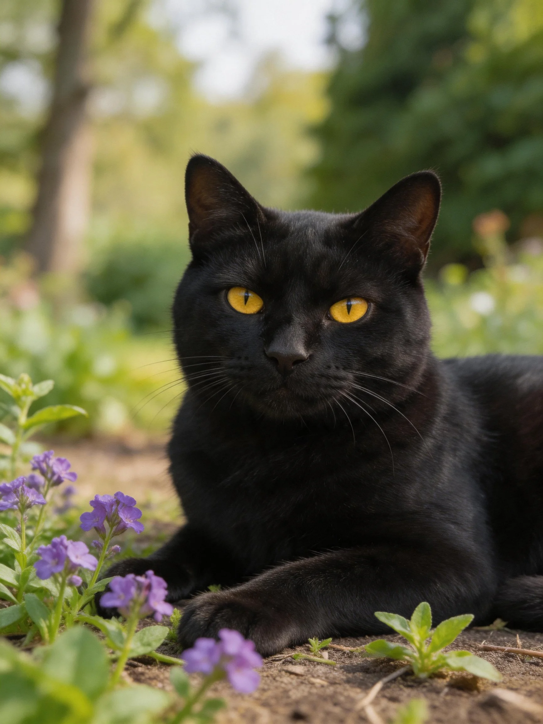 A sleek black cat lies among purple flowers in a lush garden