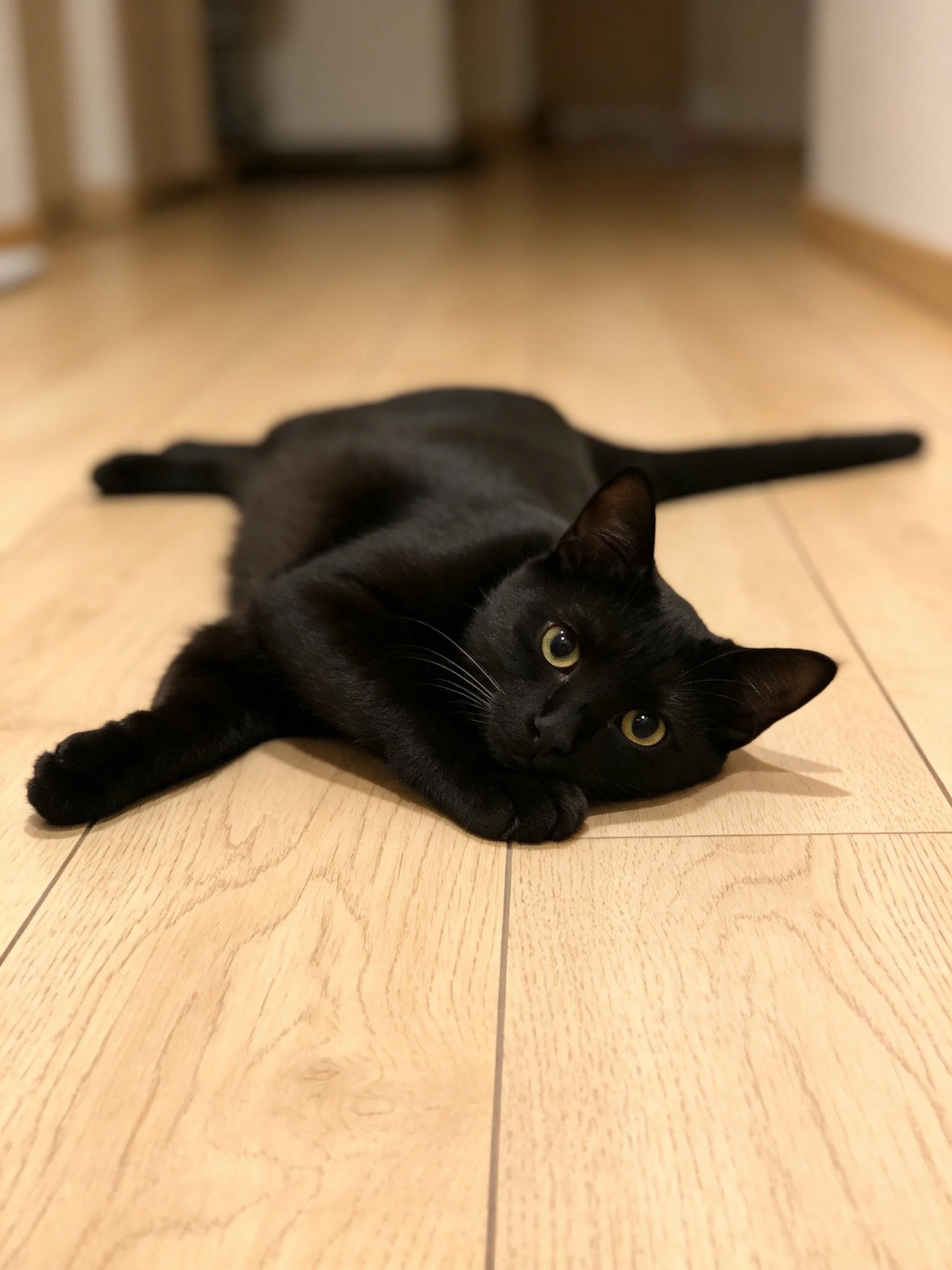 A sleek black cat lounges on a light wood-patterned floor