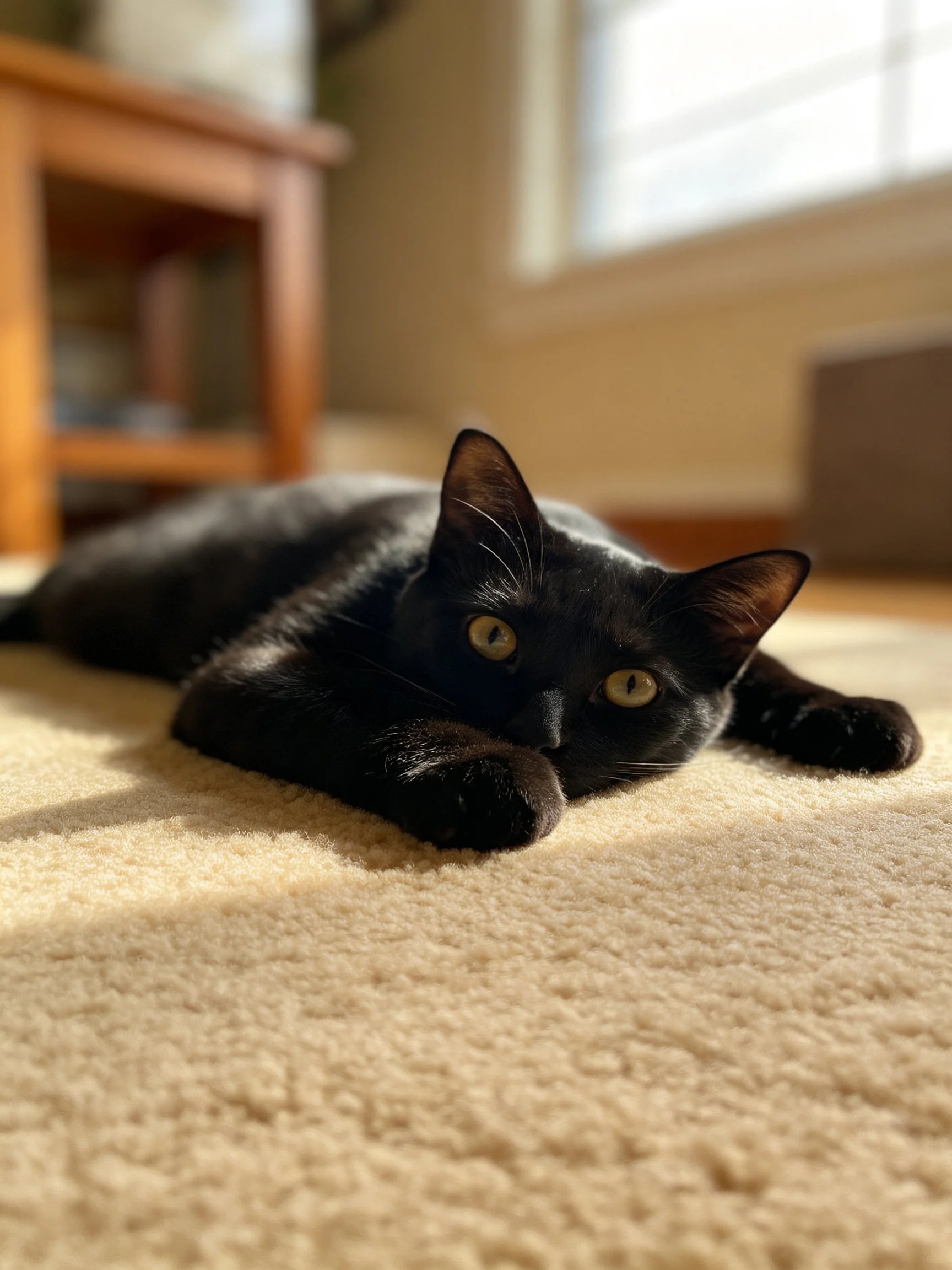 A sleek black cat lounges on a plush beige carpet in a sunlit room