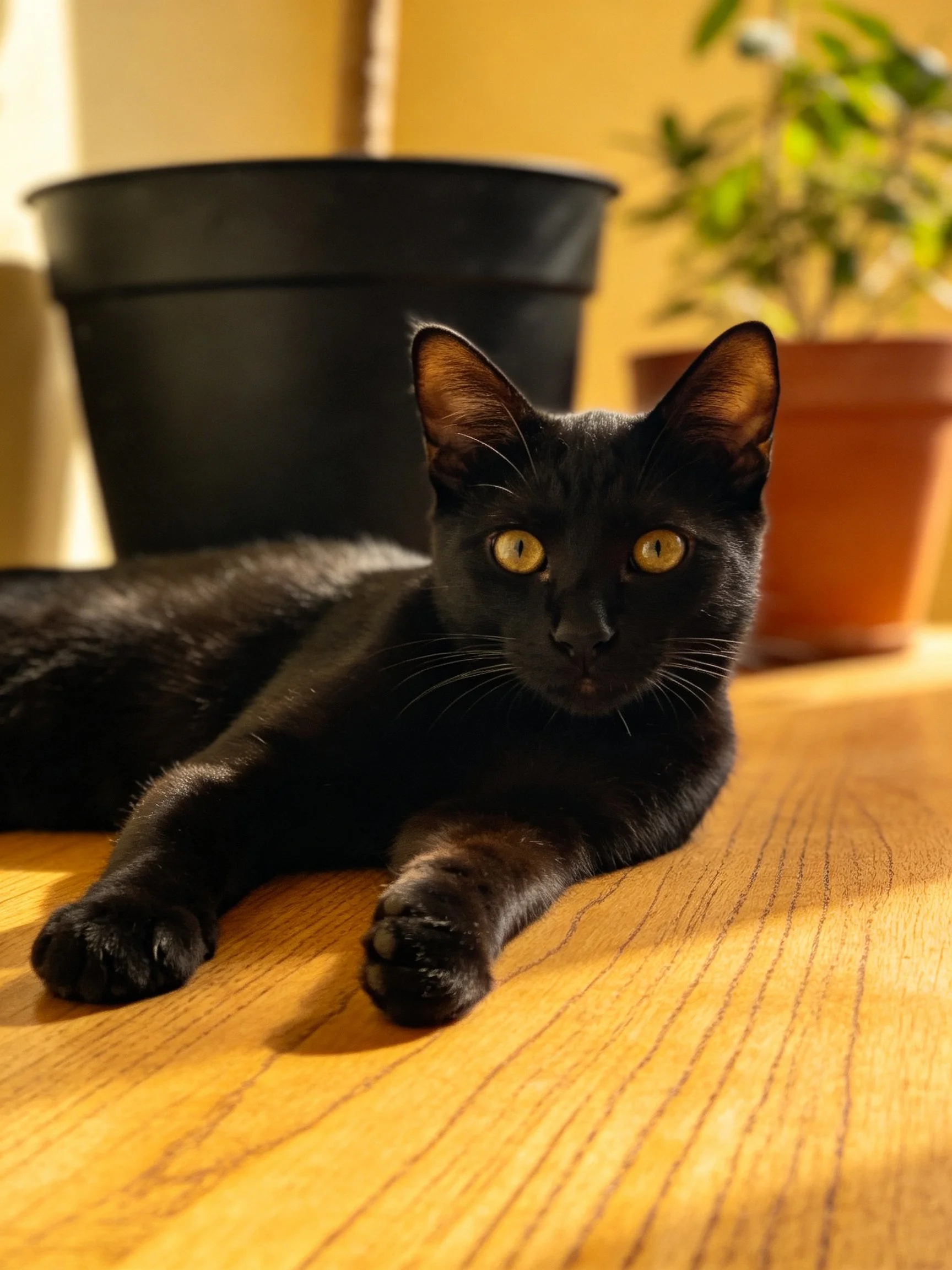 A sleek black cat lounges on a polished wooden surface near potted plants