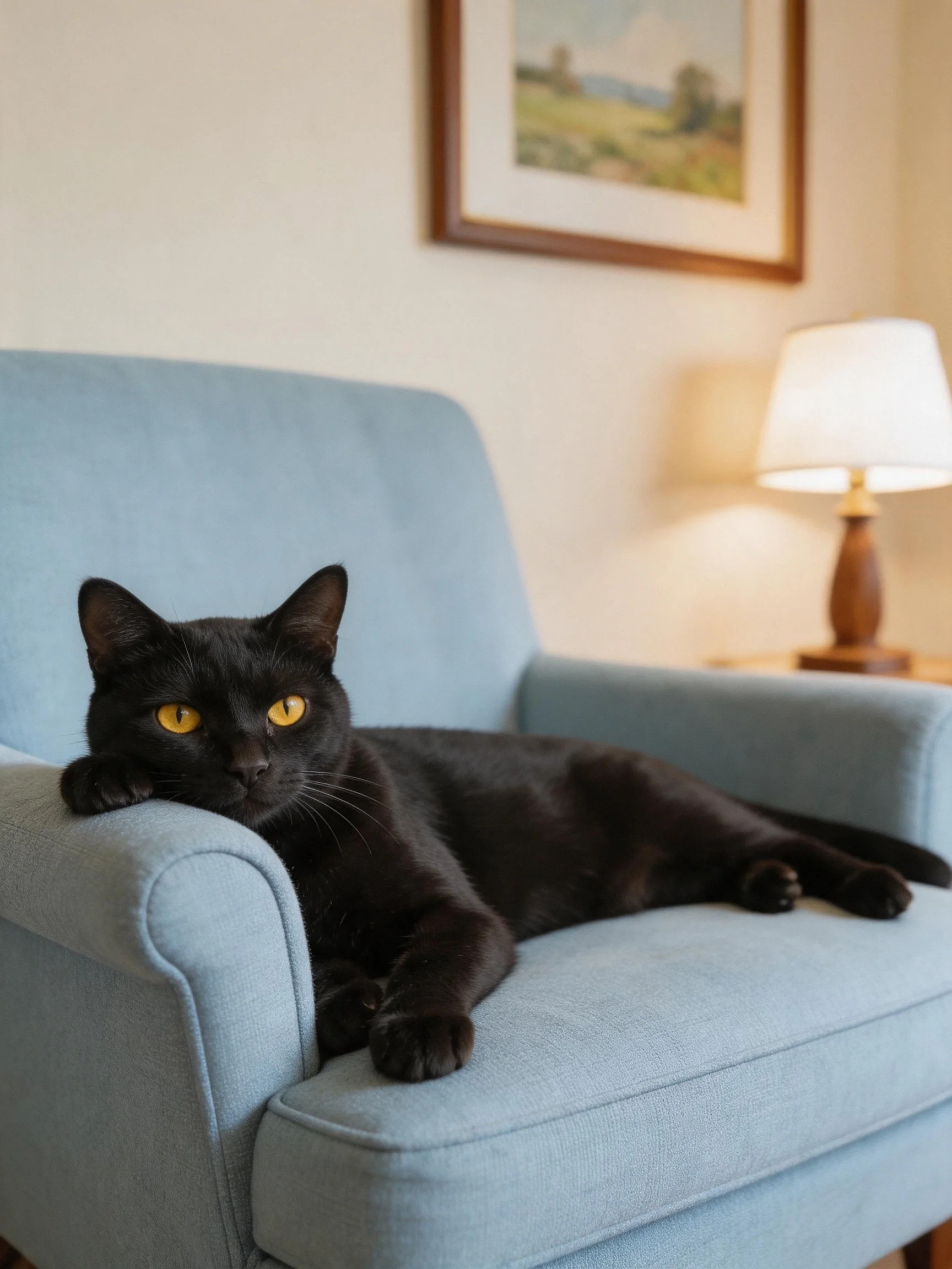A sleek black cat lounges on a soft blue armchair