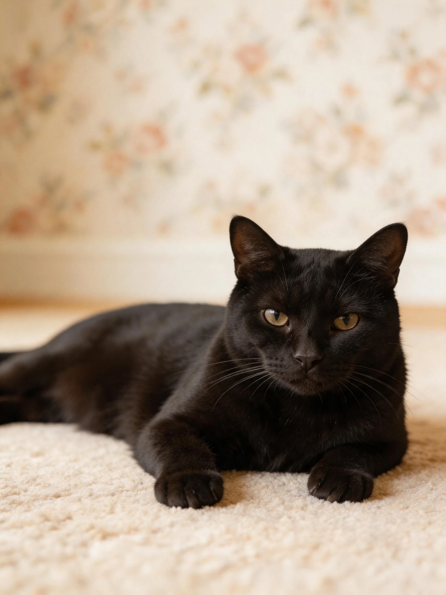 A sleek black cat lounges on a soft cream carpet