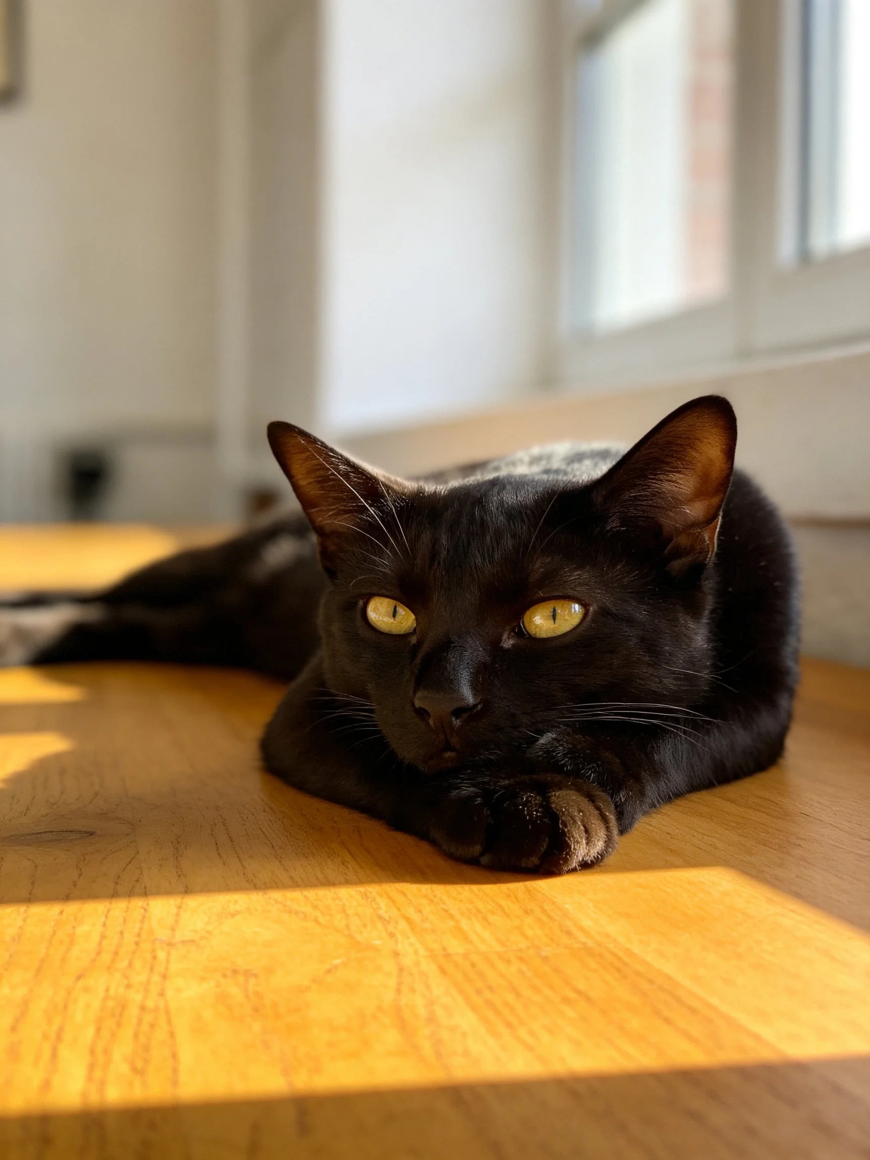 A sleek black cat lounges on a sunlit wooden surface