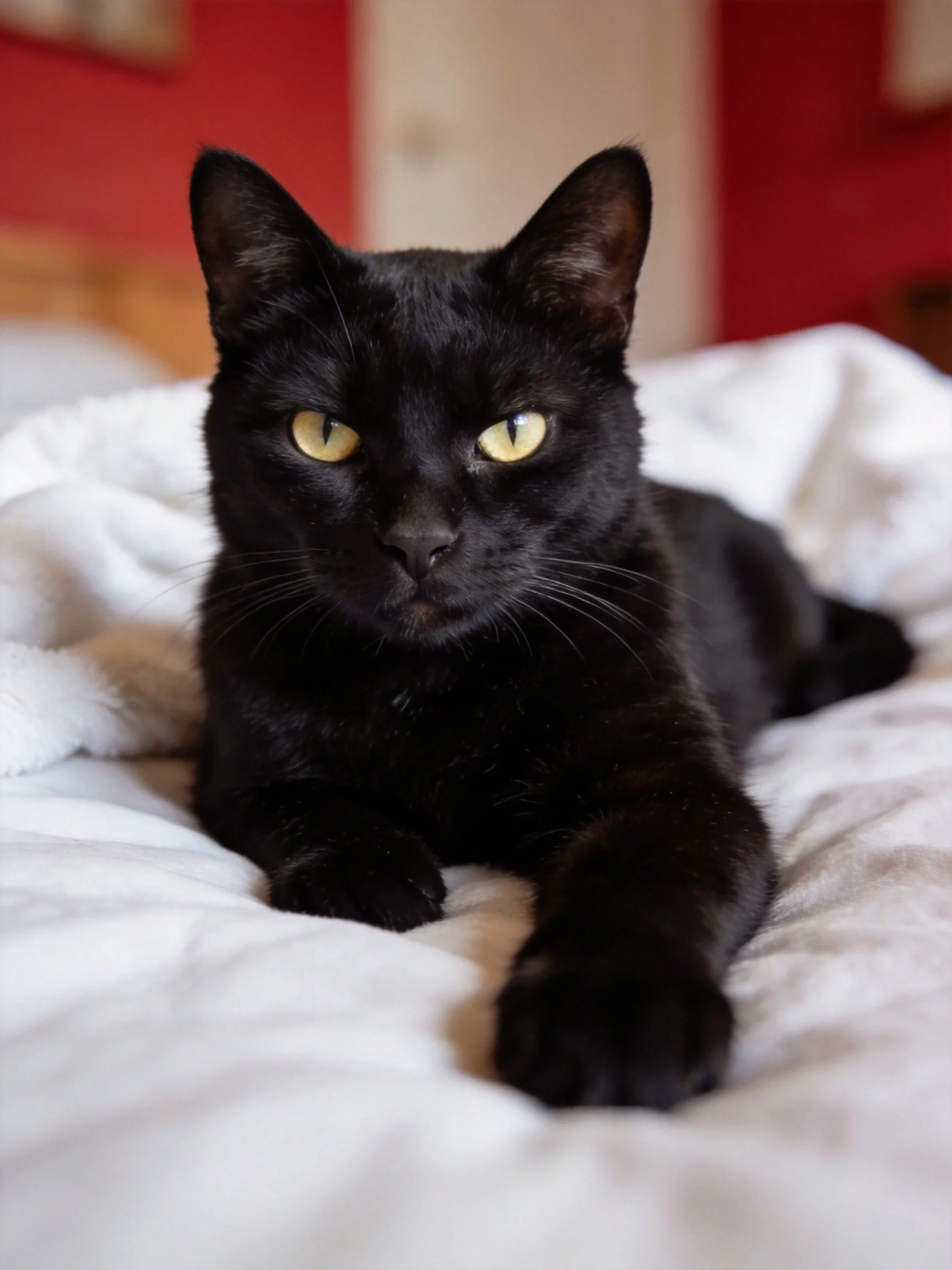 A sleek black cat lounges on a white bed with red walls