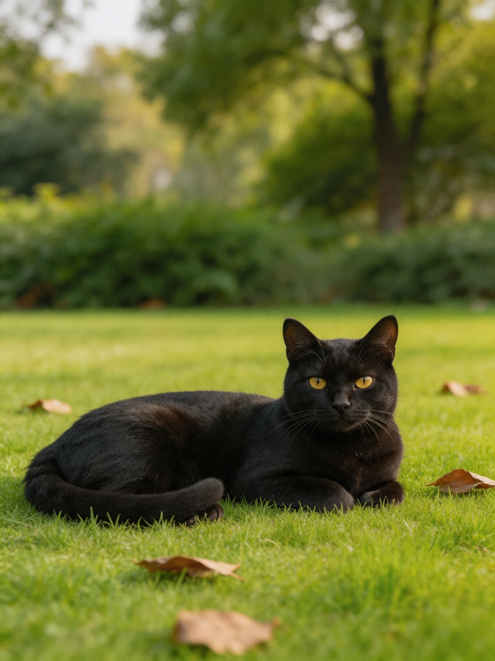 A sleek black cat lounges on lush green grass amid scattered brown leaves