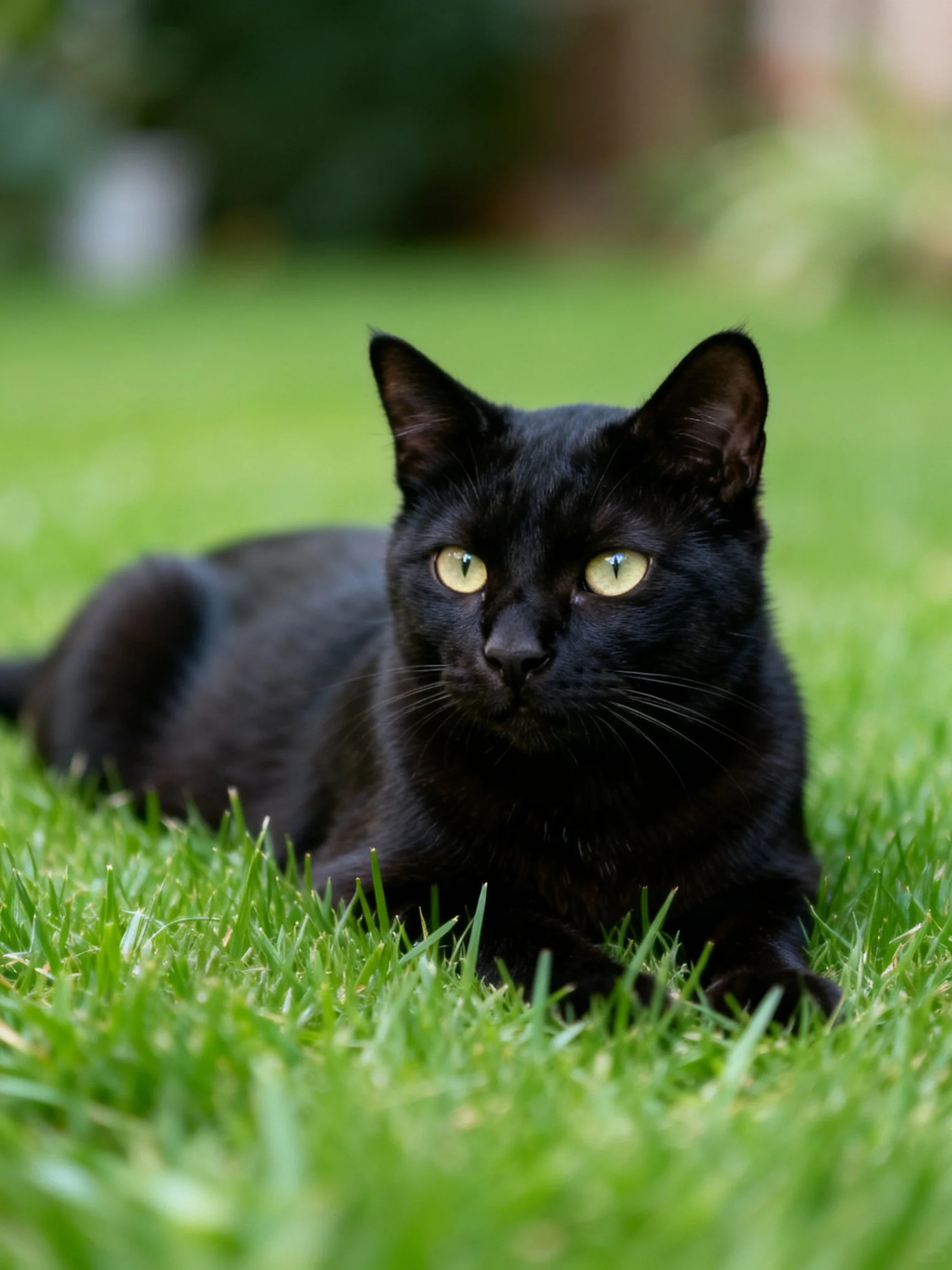 A sleek black cat lounges on lush green grass