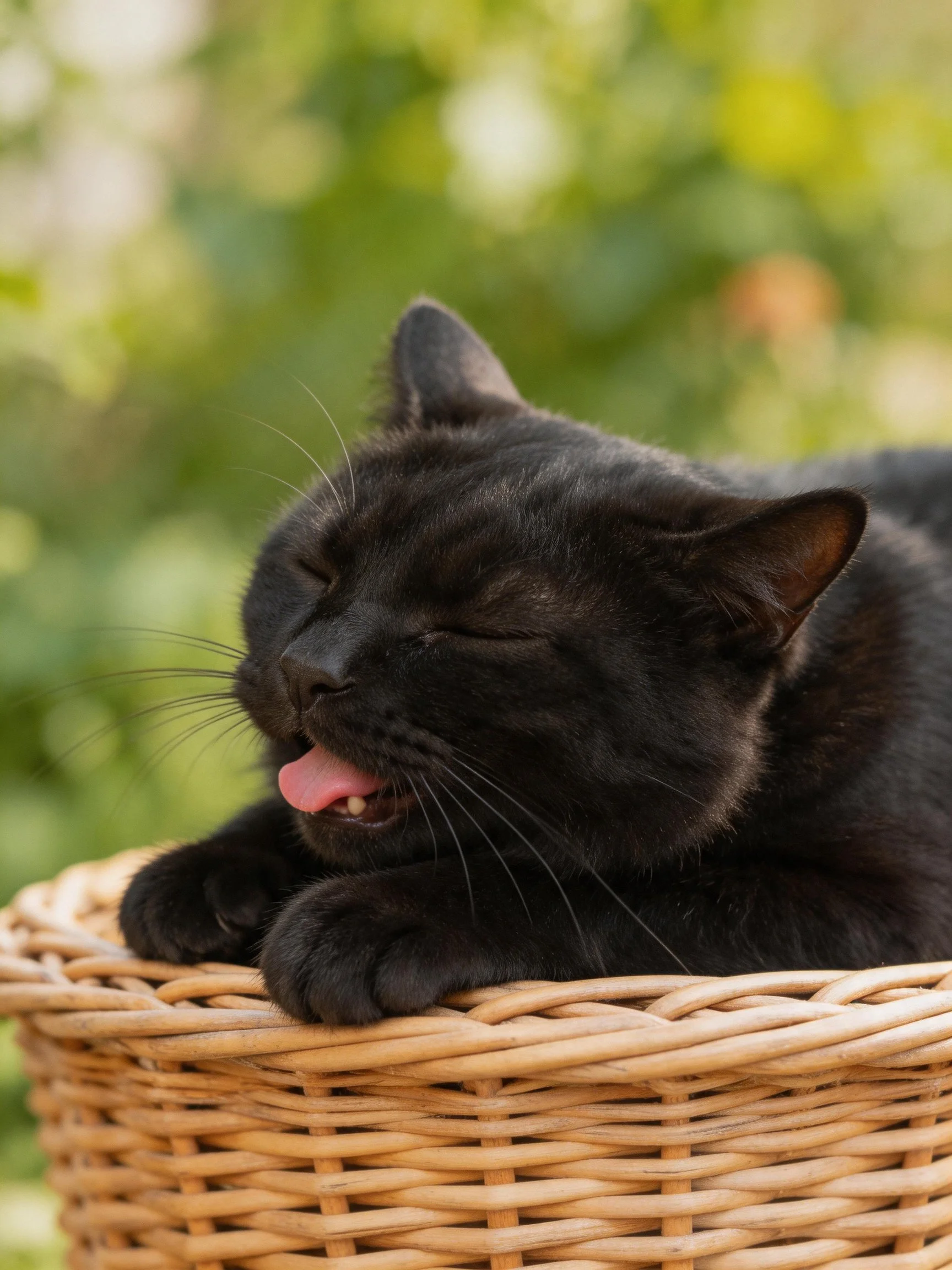 A sleek black cat lounging in a wicker basket outdoors