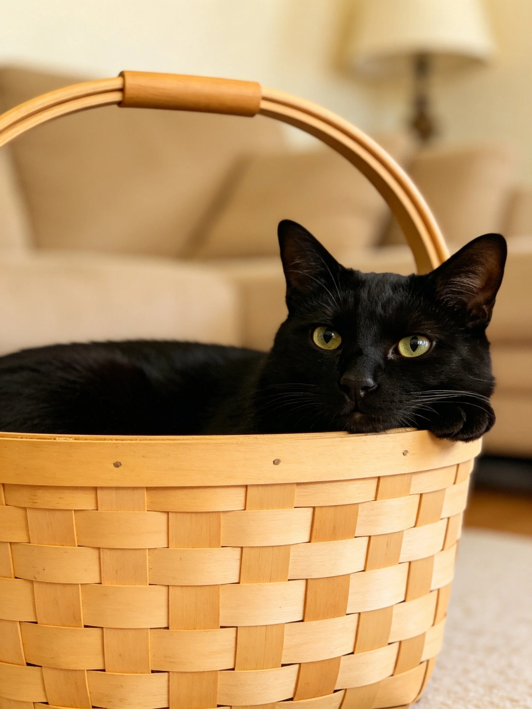 A sleek black cat lounging in a woven wooden basket