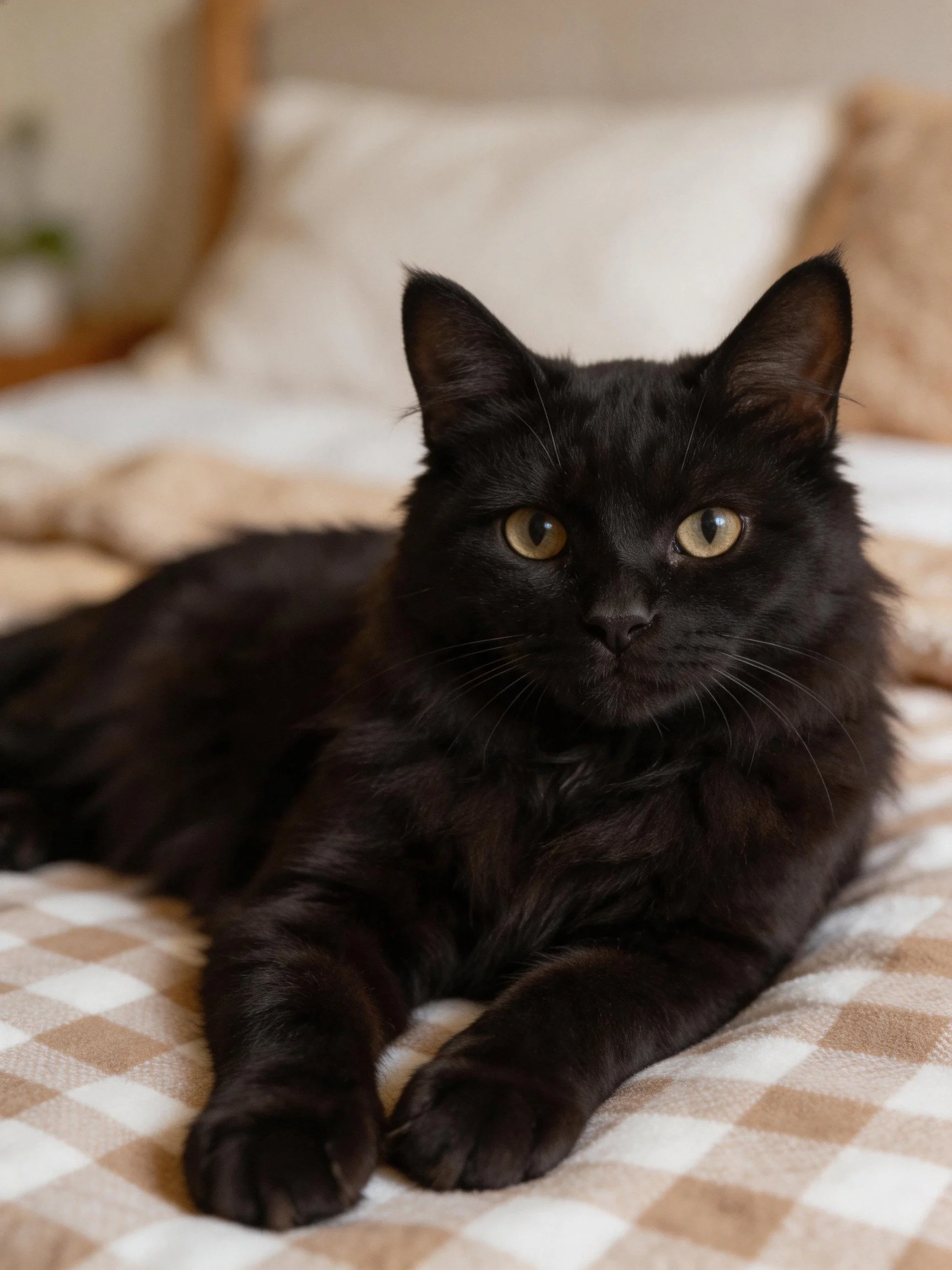 A sleek black cat lounging on a beige-and-white checkered bedspread