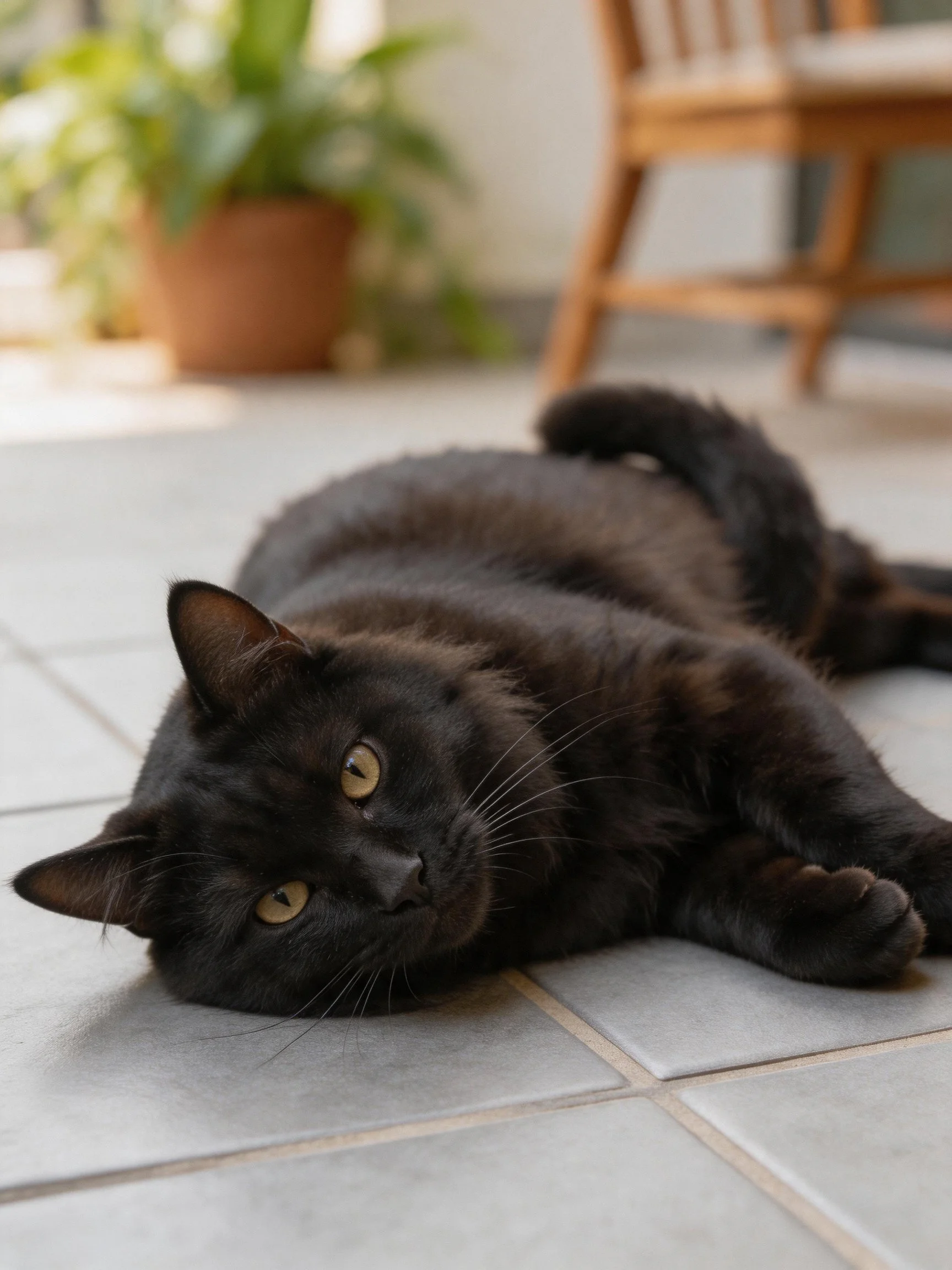 A sleek black cat lounging on tiled flooring beside potted plants